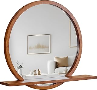 Solid Wood Wall Mirror with Shelf – Round Wood Frame Mirror for Entryway...