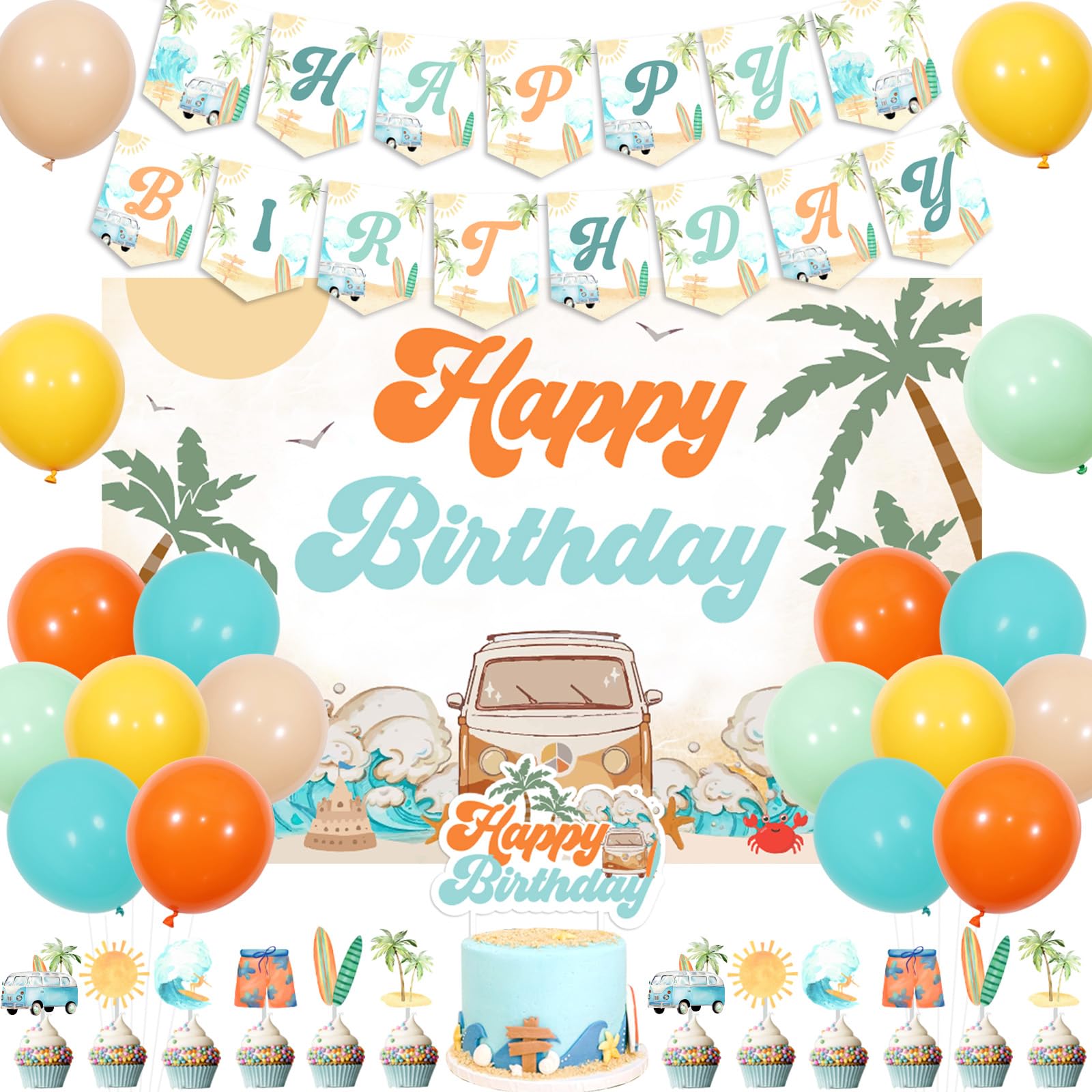Wonmelody Surf Birthday Party Decor Vintage Happy Birthday Backdrop Blue Orange Summer Surfing Bday Banner Party Supply The Big One Decro Cake Topper