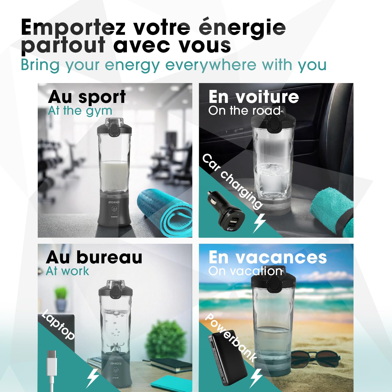 STORMIX - Batidora portátil y bolsa isotérmica - Batidora potente 150 W - 6 cuchillas de acero inoxidable - batidos, cocteleras, hielo picado - USB-C recargable - funda termoaislante - fácil