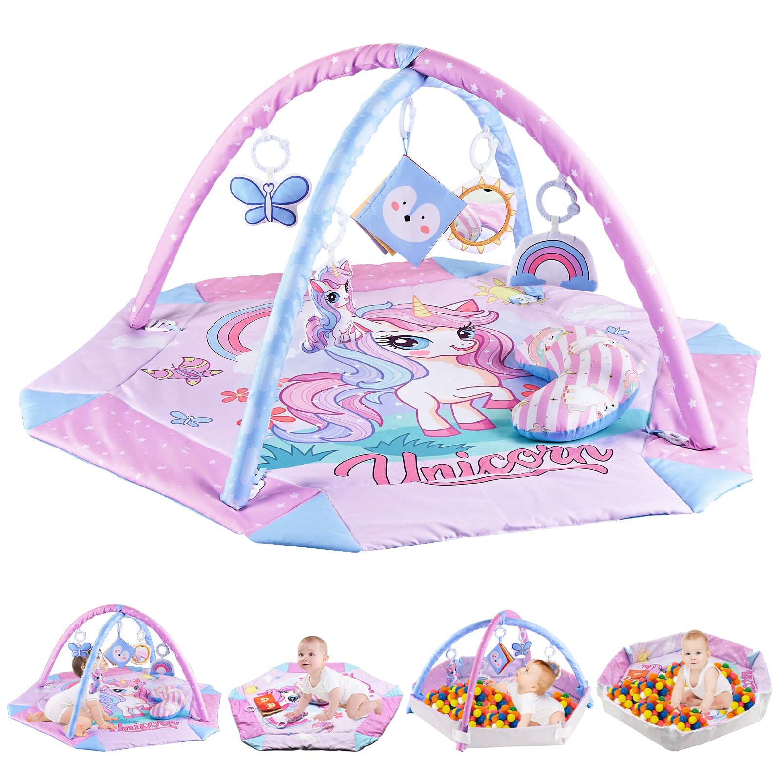 Gimnasio Bebe Unicornio 4 en 1, Manta Actividades Bebe con 5 Juguetes Colgantes y Almohada, Alfombra Juegos Acolchada Plegable, Alfombra Sensorial para Recién Nacidos, 3-24 Meses