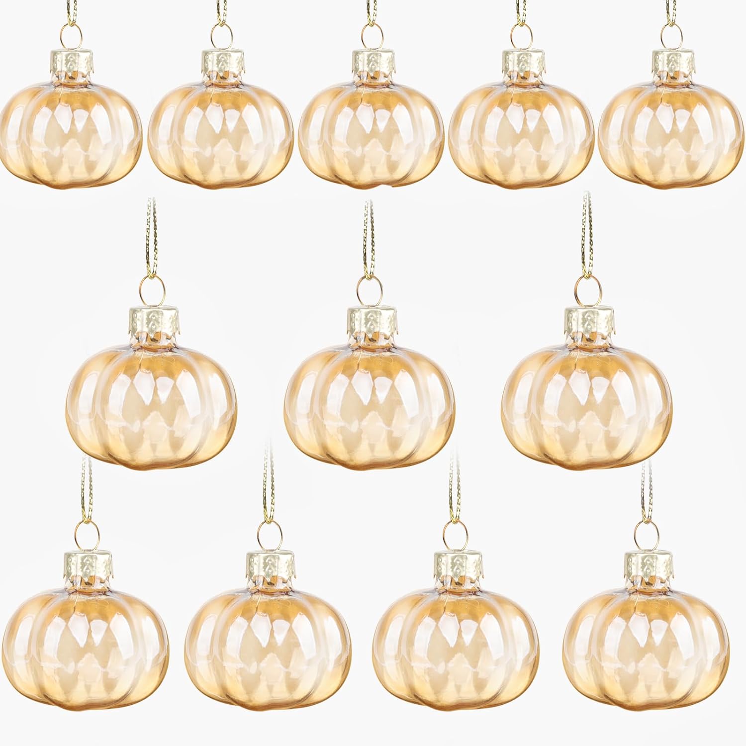 YiYa 12 Pcs Fall Pumpkin Ornaments Glass Pumpkin Hanging Ornaments for Tree Thanksgiving Tree Ornament Set for Autumn Thanksgiving Halloween Xmas Home Decoration Gold