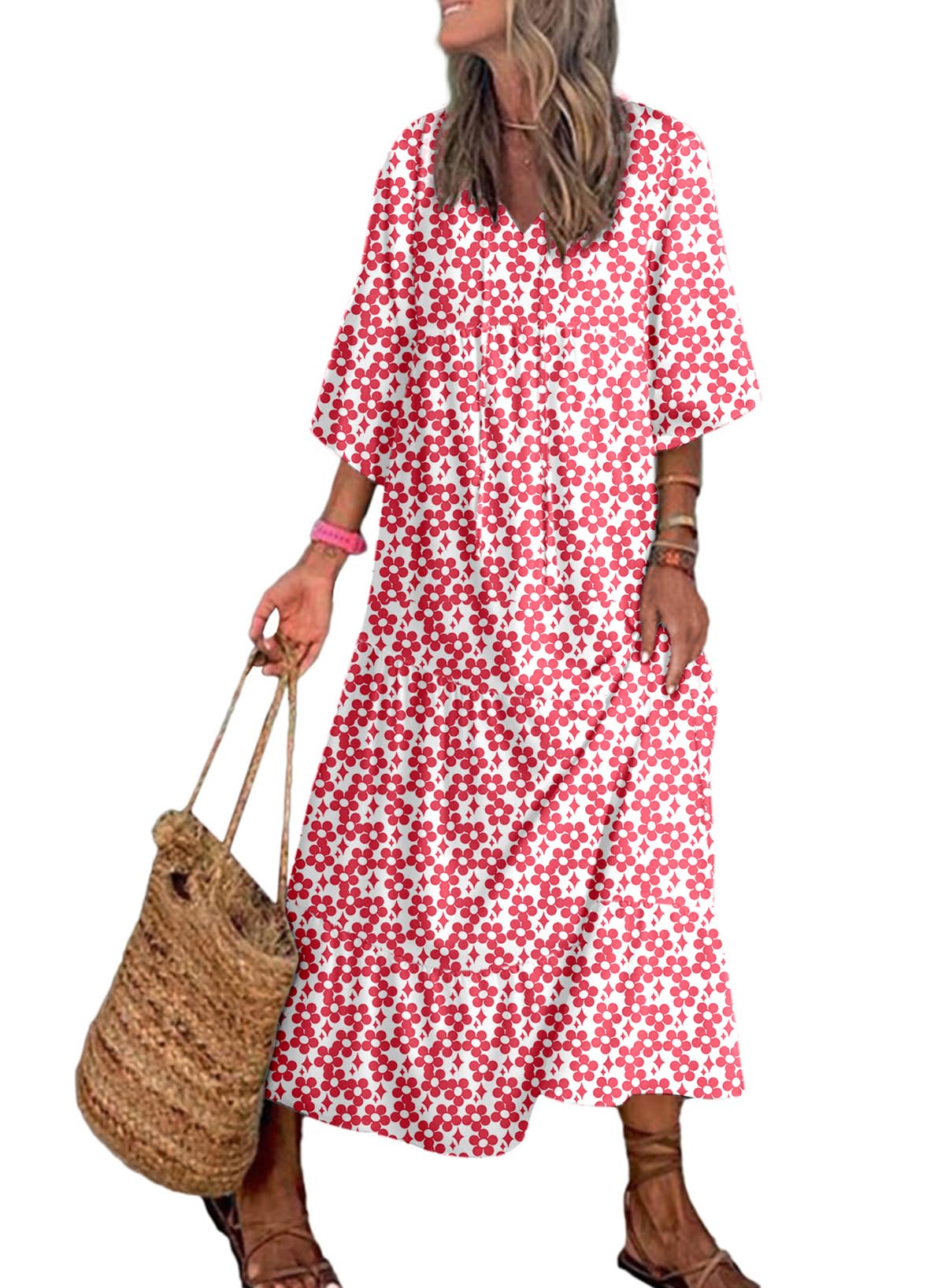 Women Boho Maxi Dresses 2026 V Neck Long Puff Sleeve Smocked Ruffle Flowy Casual Dress