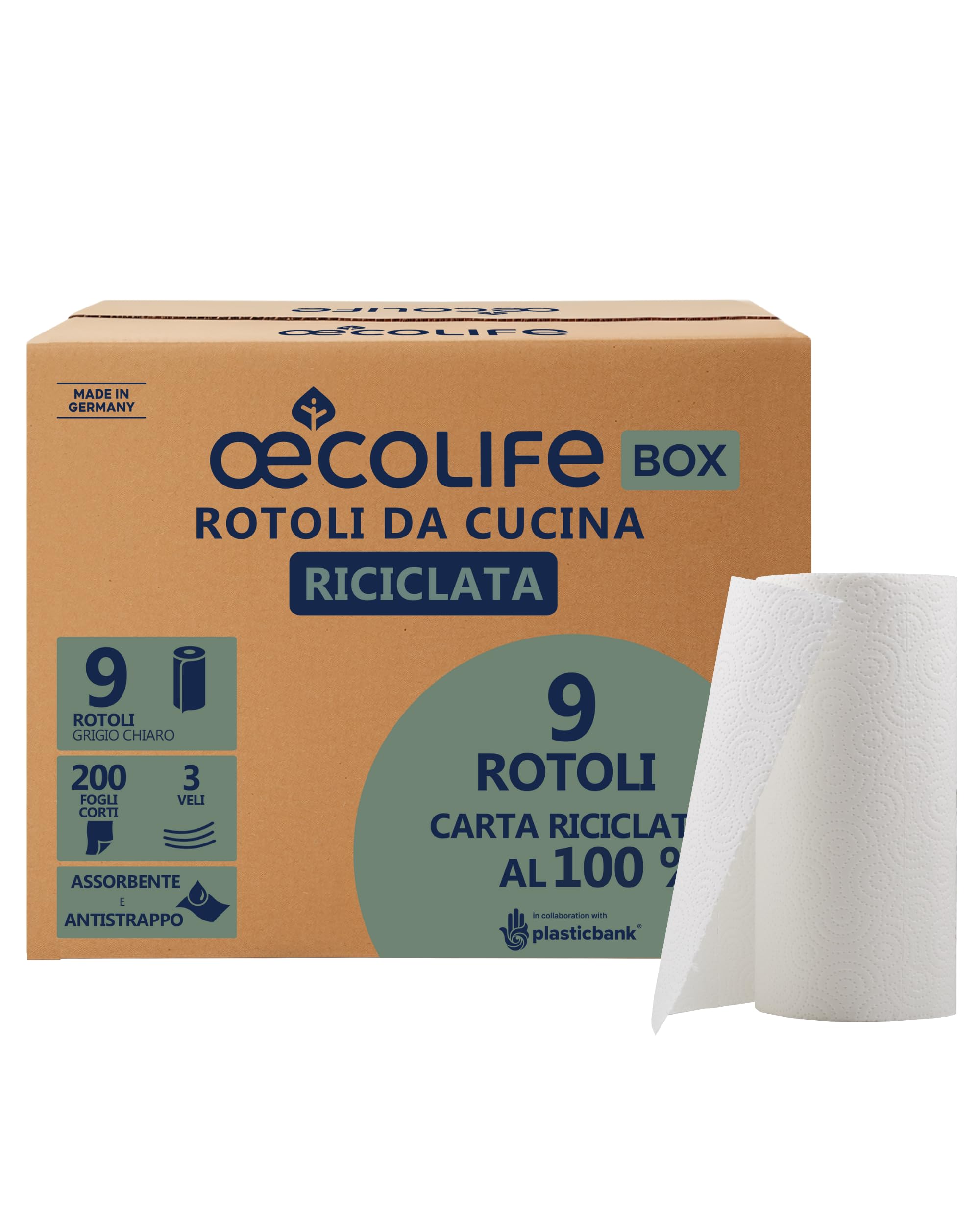 œcolife Asciugamani da cucina "Ricicling", 9 rotoli da 200 fogli, fogli corti, rotoli da cucina, senza plastica, sostenibili, rotoli per la casa, asciugamani multiuso