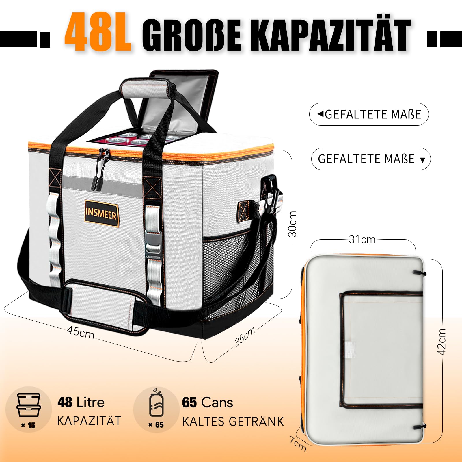 INSMEER 48L grote koeltas met gemakkelijke opening aan de bovenkant, 65 blikjes opvouwbare koeltas, XXL waterdichte koeltas, geïsoleerde tas voor kamperen, picknick, strand, wandelen, familie