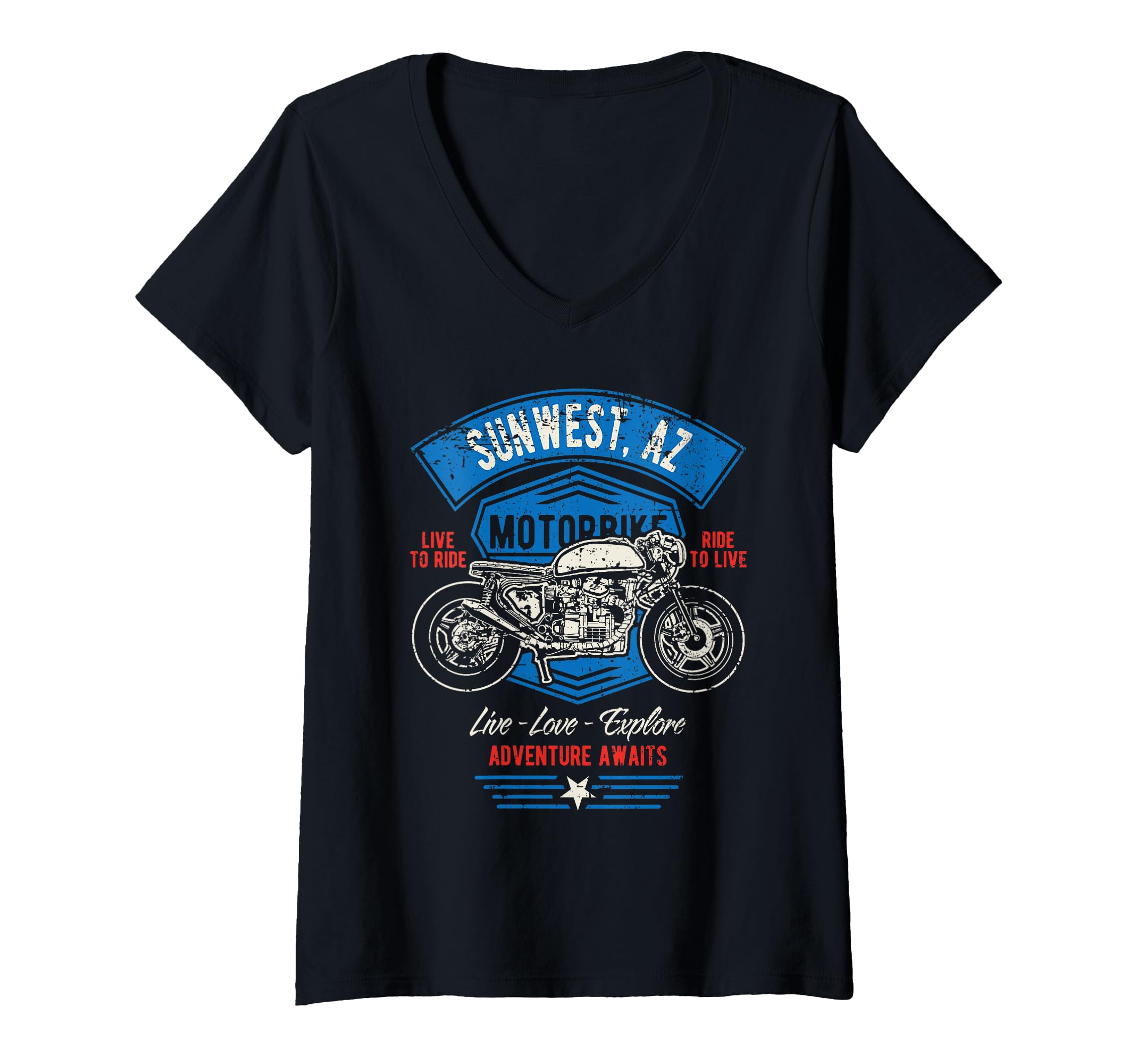 Womens Sunwest AZ USA Retro Distressed Style Motorcycle Design V-Neck T-Shirt