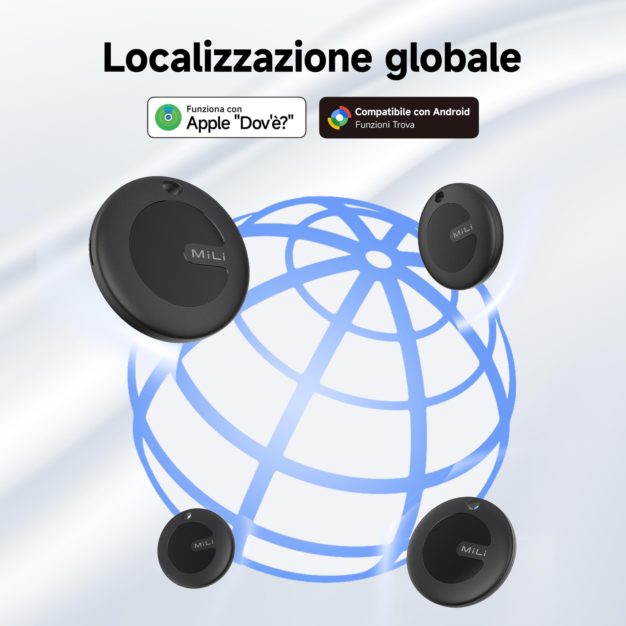 MiLi MiTag Duo Smart Tracker Tag, Localizzatore Bluetooth Compatibile Apple Dov'è e Google Funzioni Trova (iOS e Android), Trova Oggetti e Chiavi/Bagagli/Valigie/Zaini/Portafogli