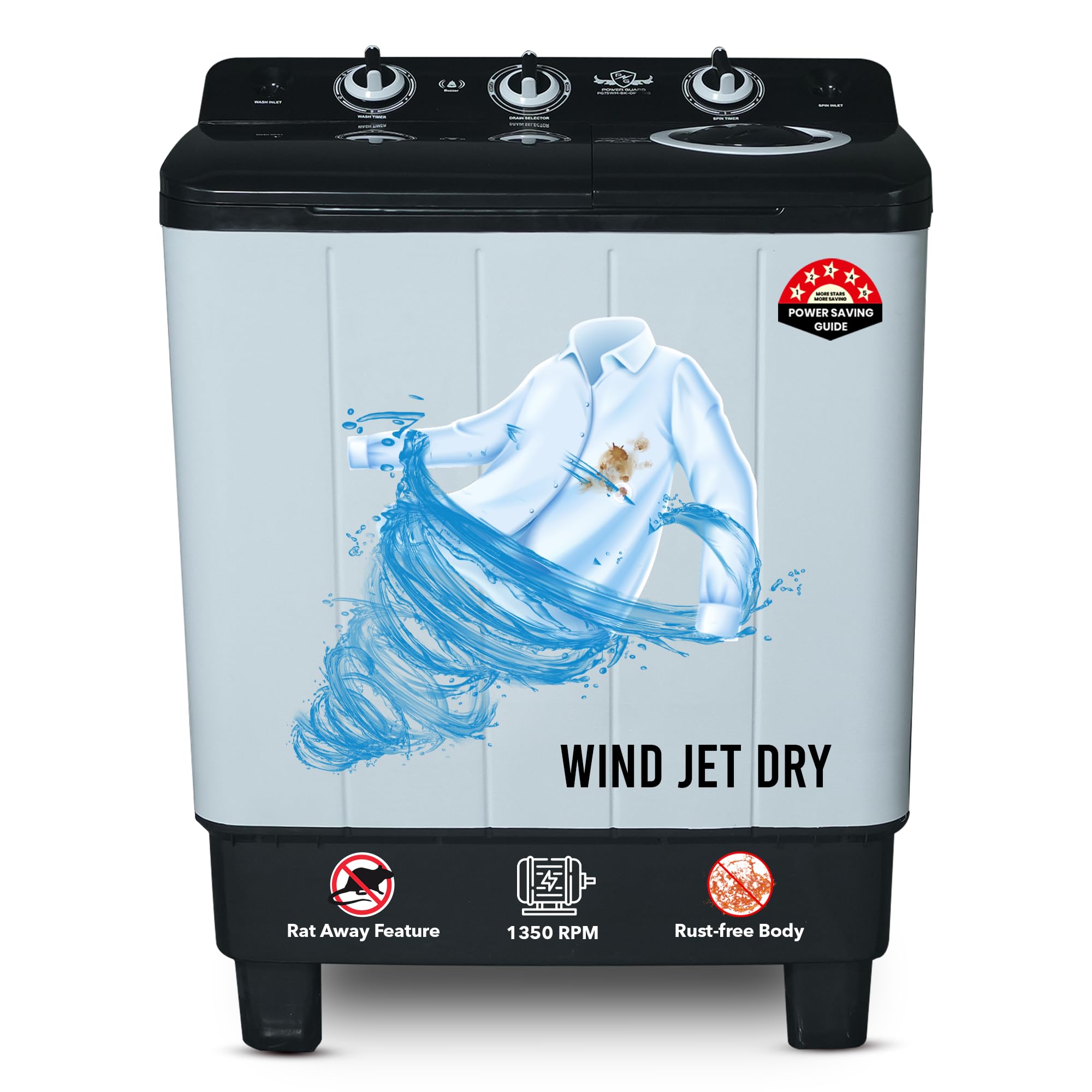 Power Guard 6.5 kg 5 Star Semi-Automatic Top Loading Washing Machine Appliance (PG65WM-Bk-OP, Black, Powerful Motor,Effective Wash Pulsator,1350 RPM & Castors)