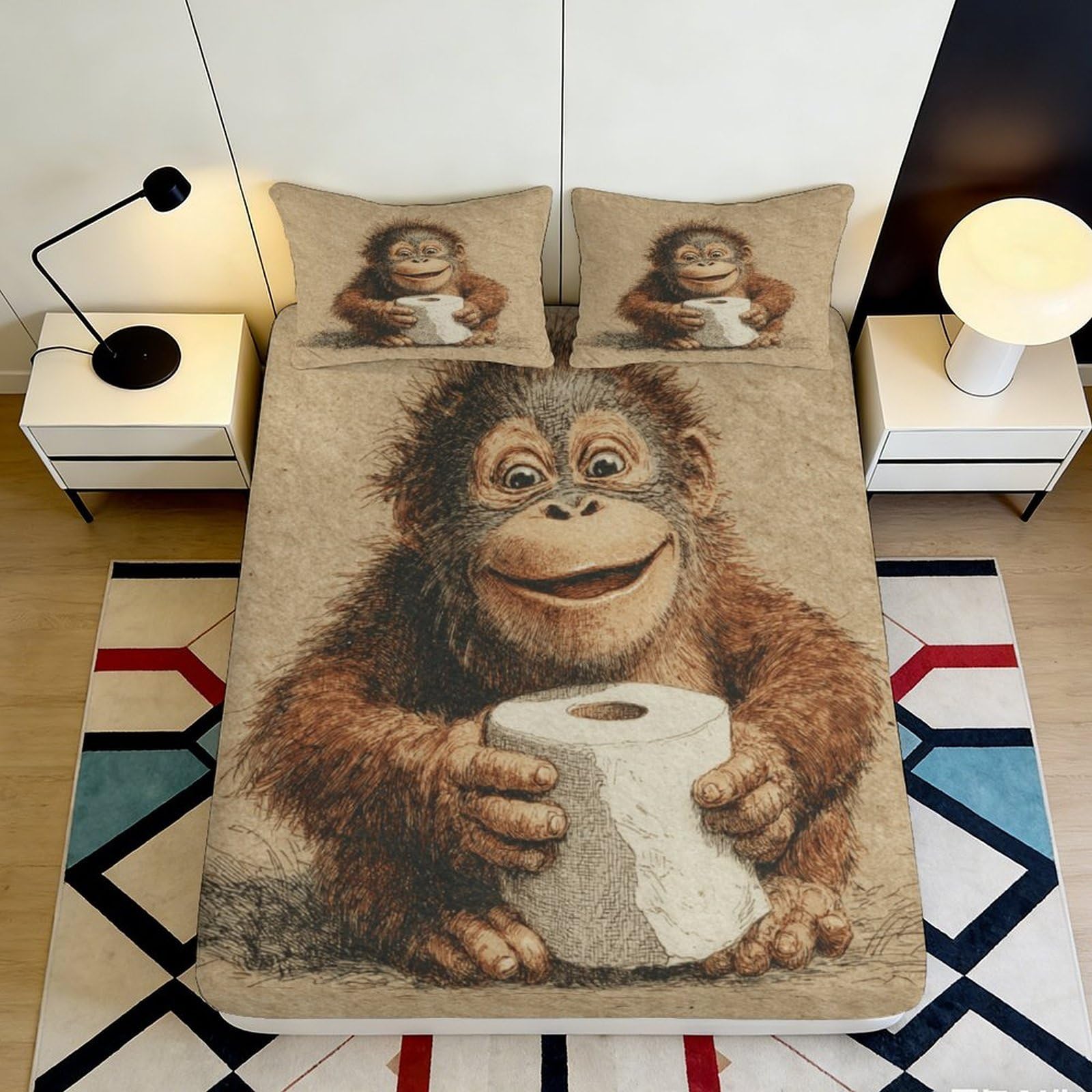 3D Printed Cartoon Monkey Fitted Sheet Microfiber Non-slip Mattress Cover for Bedroom Dorm Teens Machine Washable 120x200x25cm