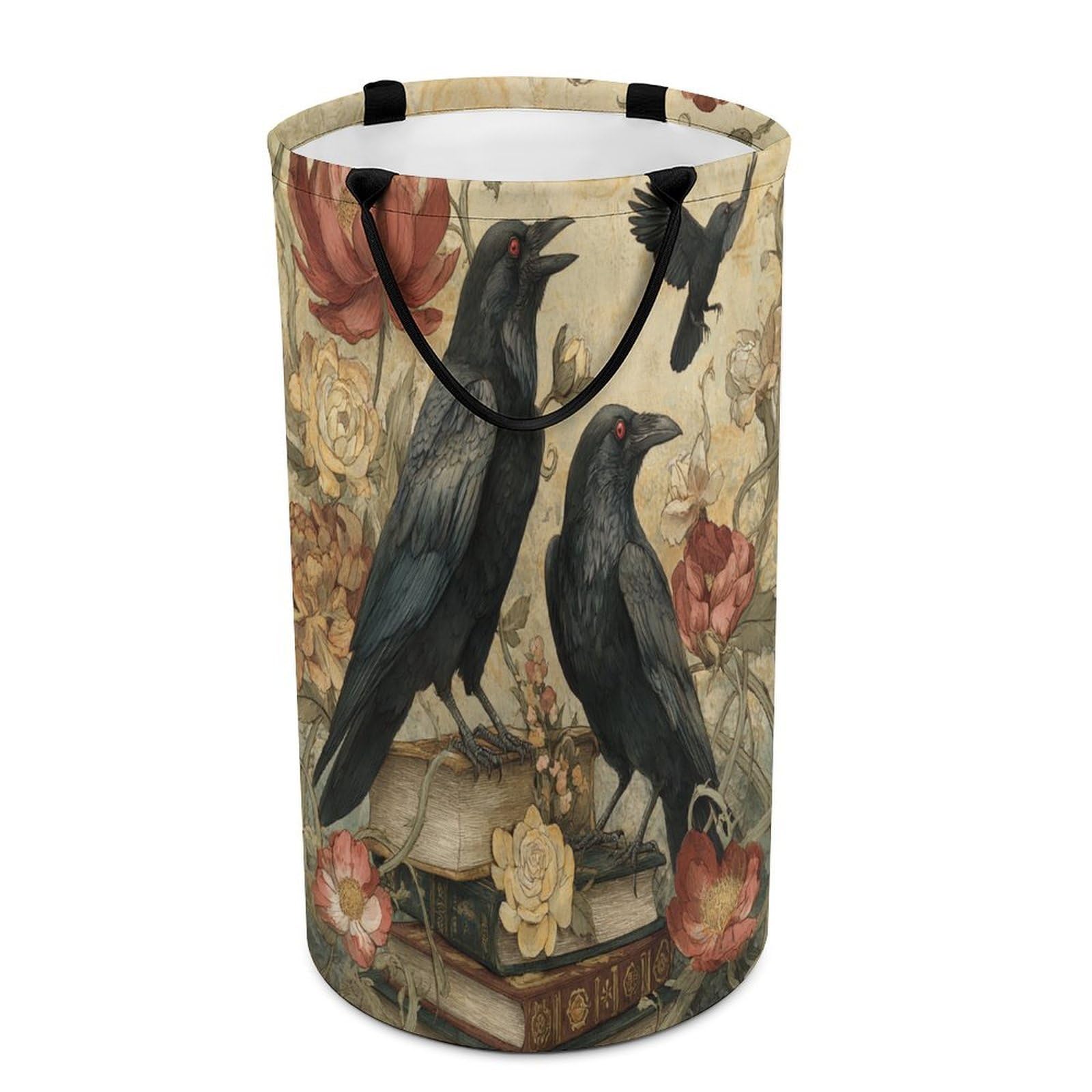 LUYYSKY Modern Fantasy Animal Raven Collapsible Dirty Clothes Basket, Retro Mid Century Gothic Wildlife Crow Plant Daisies Flowers Books Portable Clothes Storage Laundry Basket-40 CM Dia, 69 CM High