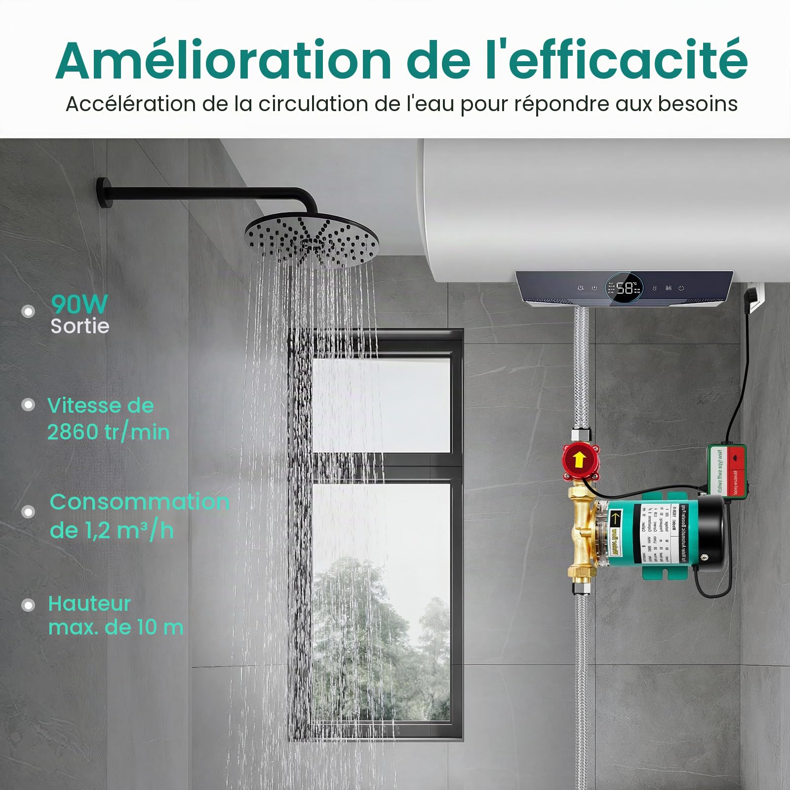 Pompe Pression Eau, Surpresseur Maison 90W, Booster Automatique 220V, Corps Laiton, Pressurisation Instantanée, Douche, Chauffe-Eau, Piscine, Silencieuse IP46, Détection Débit, 20L/min, 10m