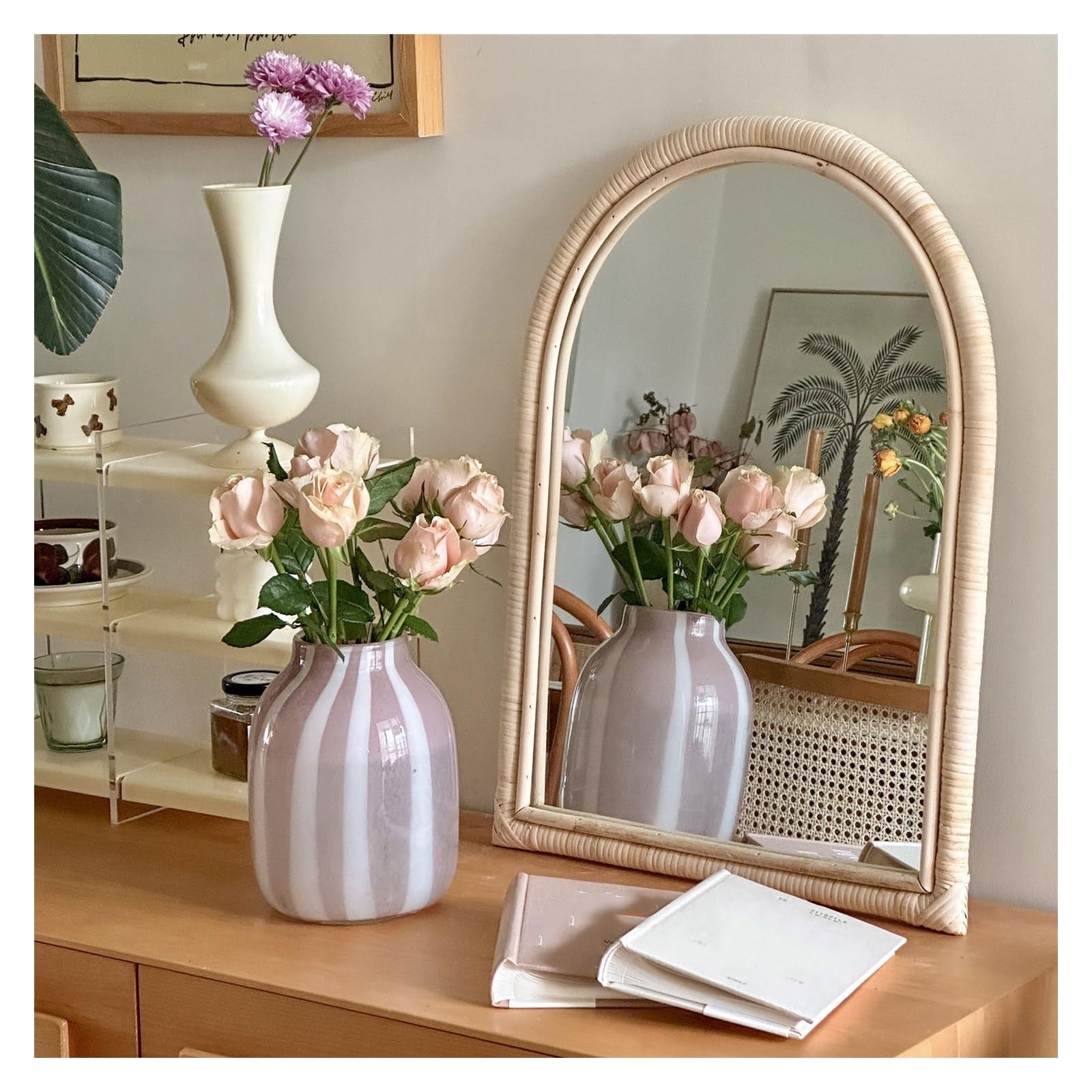 Amazon.co.jp: 手作りの籐の装飾鏡、 天然植物ラタン, 45×60cm