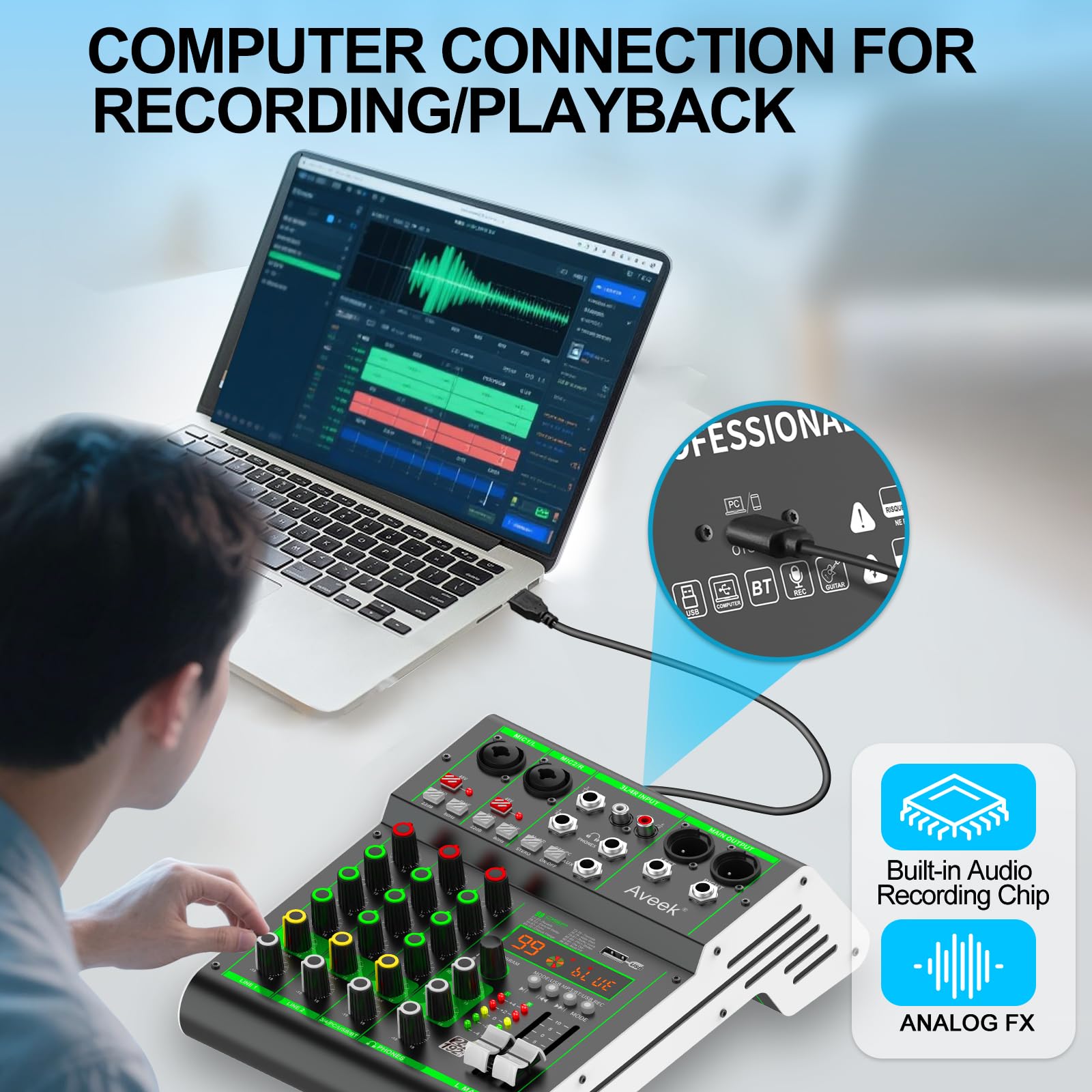 Aveek Audio Mixer,Professional Sound Board Mixing Console with USB Drive/Bluetooth/Computer/4 Channel Stereo Input DJ Mixer,48V Phantom Digital 99 DSP Effect for PC Recording Karaoke Studio Streaming