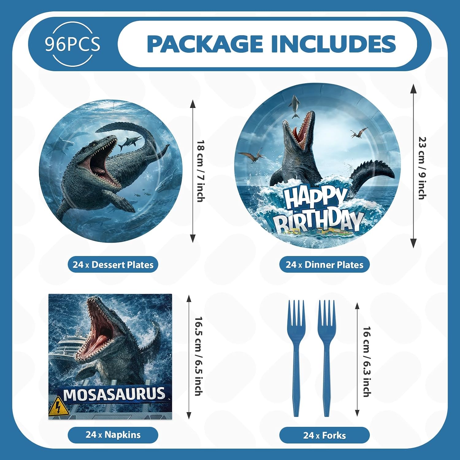96 Pcs Mosasaurus Dinosaur Birthday Party Decoration Mosasaurus Themed Plates and Napkins Ocean Dinosaur Tableware Set for Kids Dino Birthday Baby Shower Party Supplies, Serves 24