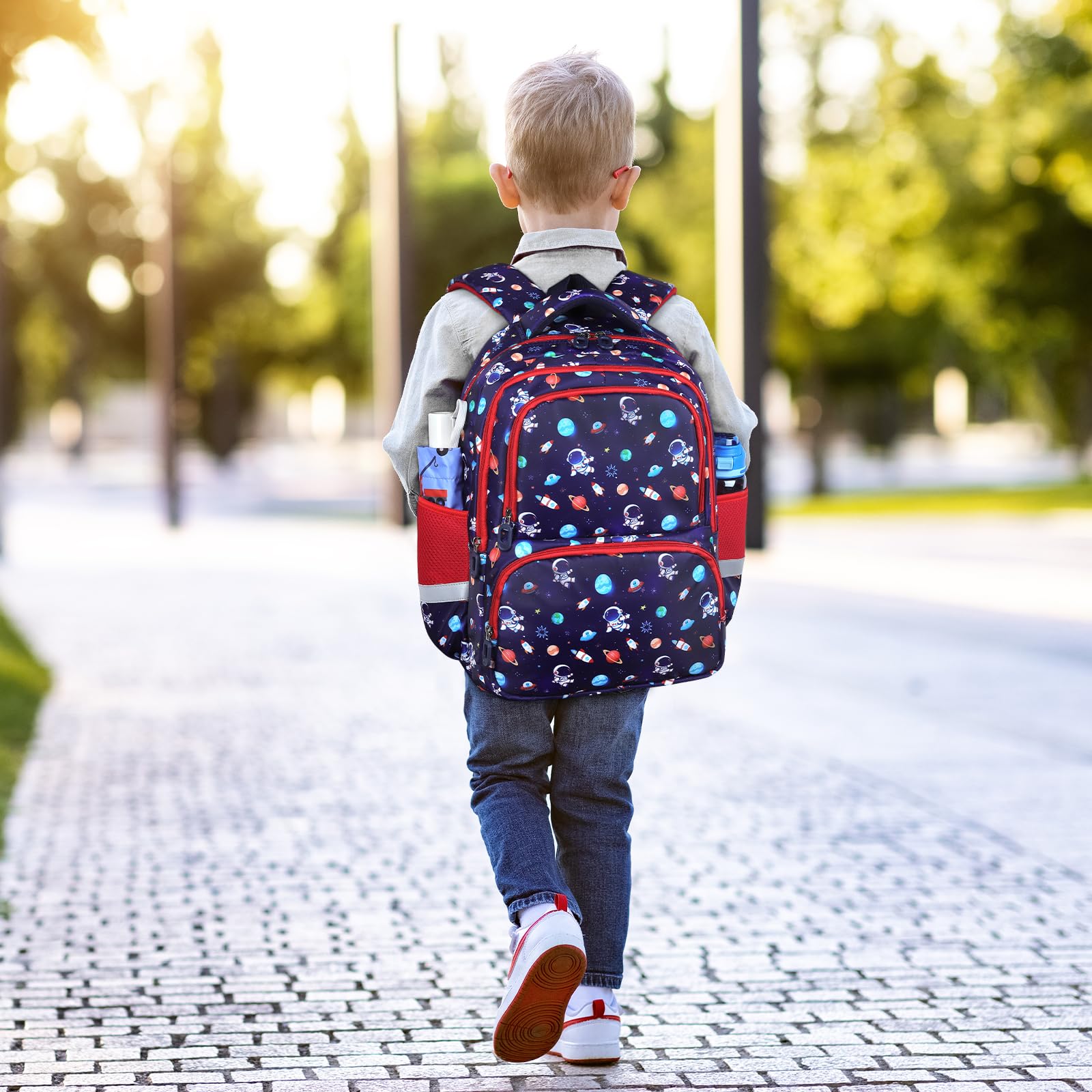 decalsweet Mochila Escolar Niño con Correa de Pecho, Mochila Infantil con Rayas Reflectantes, Gran Capacidad Mochila Niño, Mochila Escolar Adolescente para la Escuela y los Viajes (Astronautas)