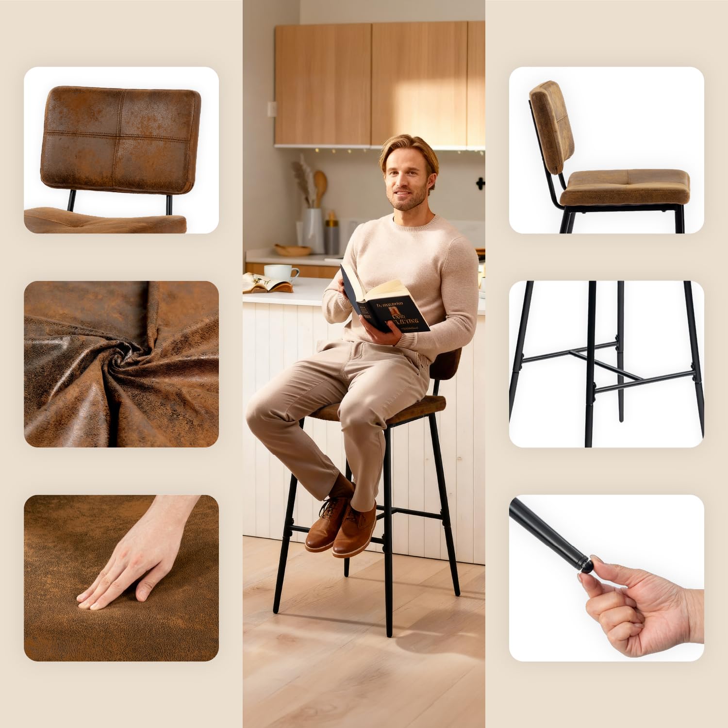 Meuble Cosy Lot de 2 Tabouret de Bar Industriel avec Dossier et Repose-Pieds, Siège Rembourrés de 75 cm de Haut, Chaises Hautes en Suédine Cadre en métal, Marron