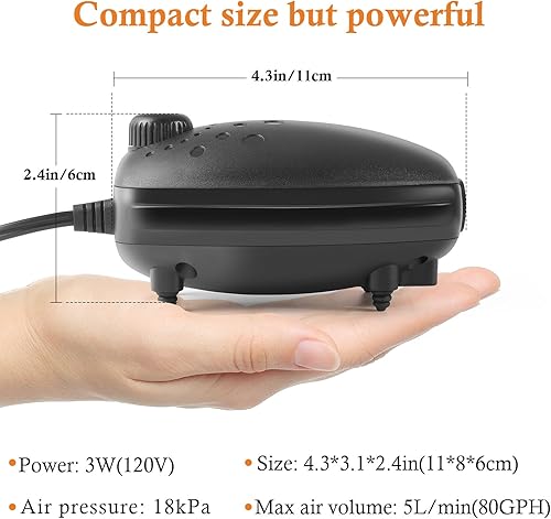 Miniatura 2 de HITOP 3W 80GPH Adjustable Aquarium Air Pump, Upgrade Quiet Oxygen Pump, Powerful Air Aerator for Fish Tank up to 120 Gallon