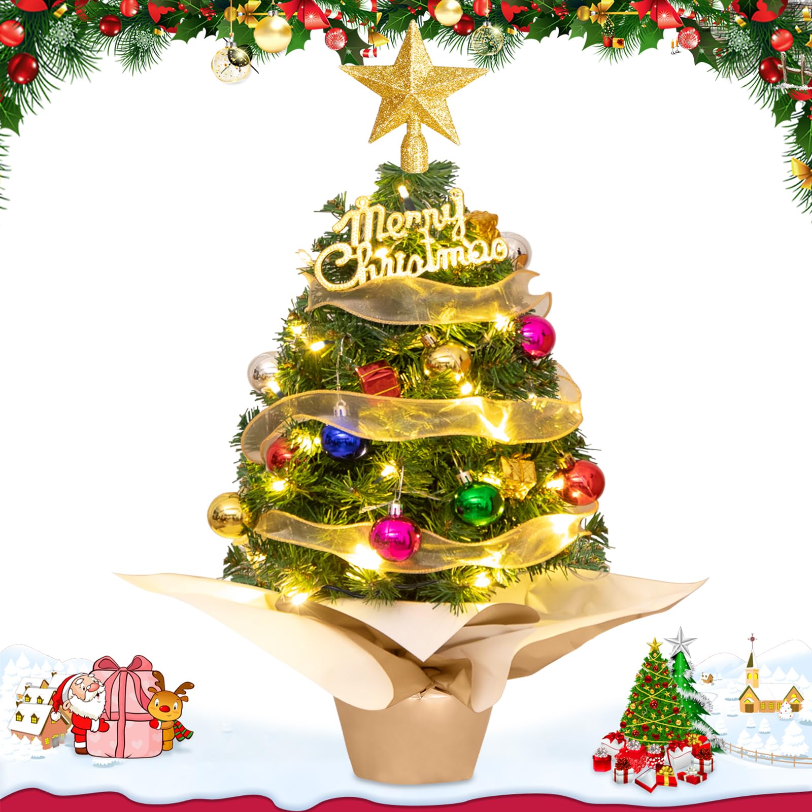 PQETBV Mini Árbol de Navidad, Mini Árbol de Navidad Artificial de 60 CM, Mini Árbol Navidad con Luces LED Adornos, Árbol De Navidad De Escritorio para Decoración Navideña En Casa, Oficina
