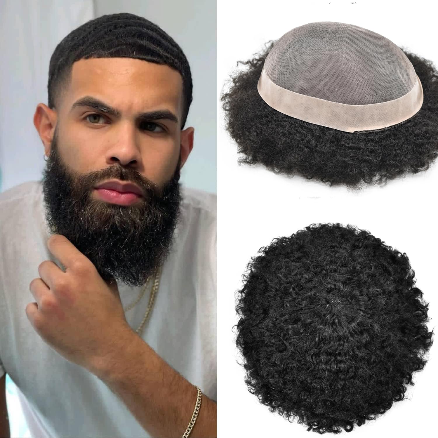 Generic Afro Hair Units For Black Men Breathable Mono Lace Afro Mens Toupee Brazilian Coily Hair African American Kinky Curly Man Weave Hair Unit Black Men 8X10 4MM #1 JET BLACK
