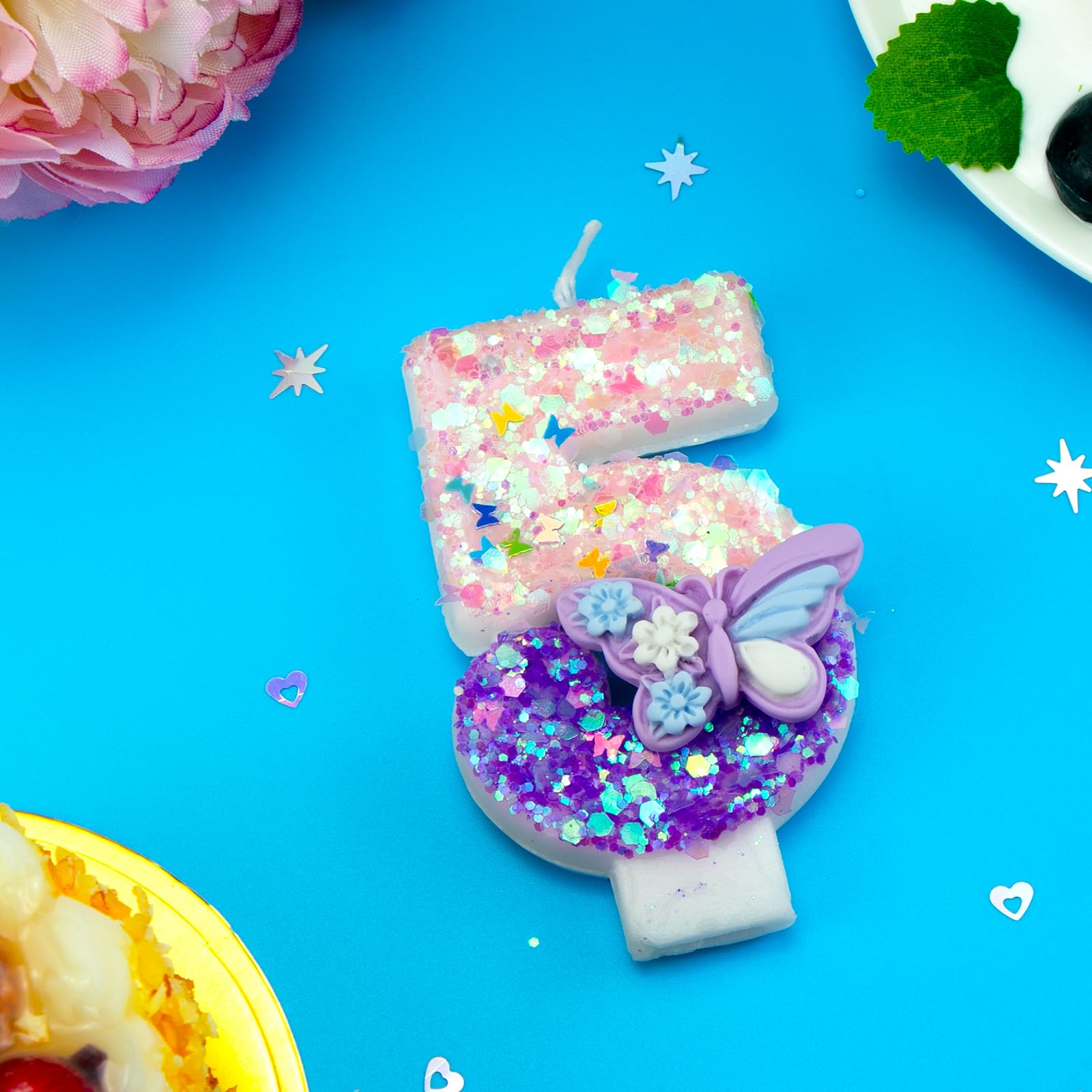 Velas de cumpleaños con diseño de mariposa rosa y morada, velas de cumpleaños para tarta con purpurina número 5, decoración de pastel con lentejuelas para niñas y mujeres, suministros de celebración