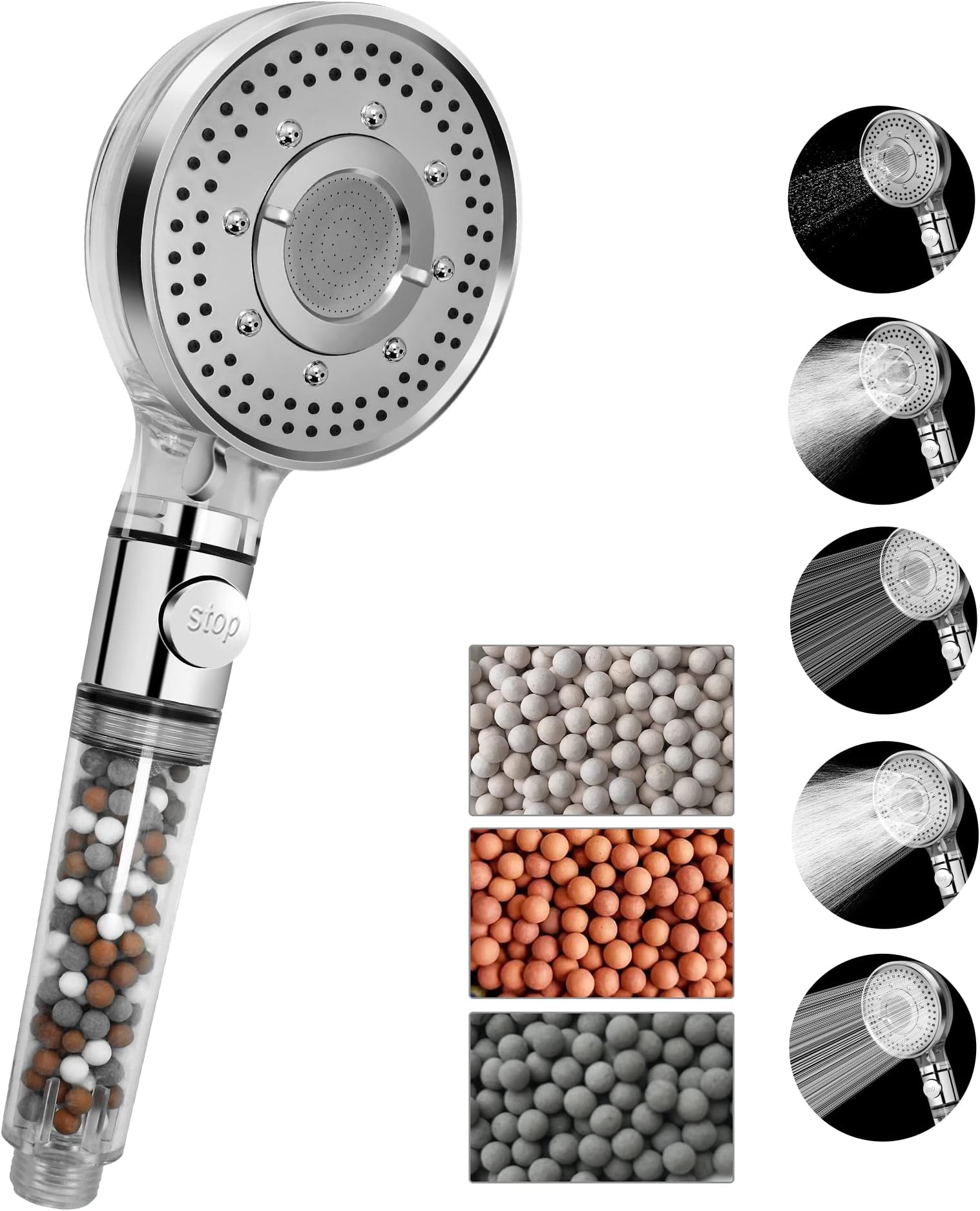 Stone Filter Shower Head, Water Saving Shower Head, 5 Spray Modes Handheld Shower Heads with Stop Switch