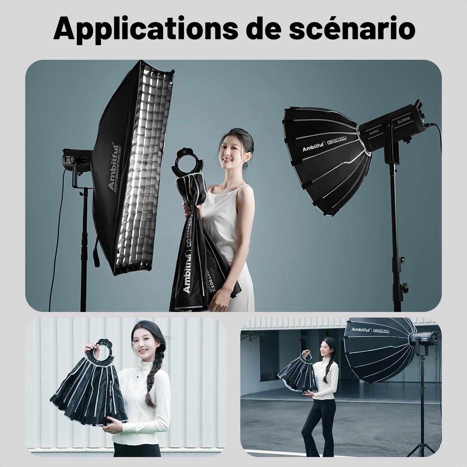 Ambitful Boîte à lumière parabolique à libération rapide de 60 cm/23,6 pouces, boîtier à grille alvéolaire hexadécagone avec monture Bowens, 2 diffuseurs et grille en nid d'abeille, sac de transport