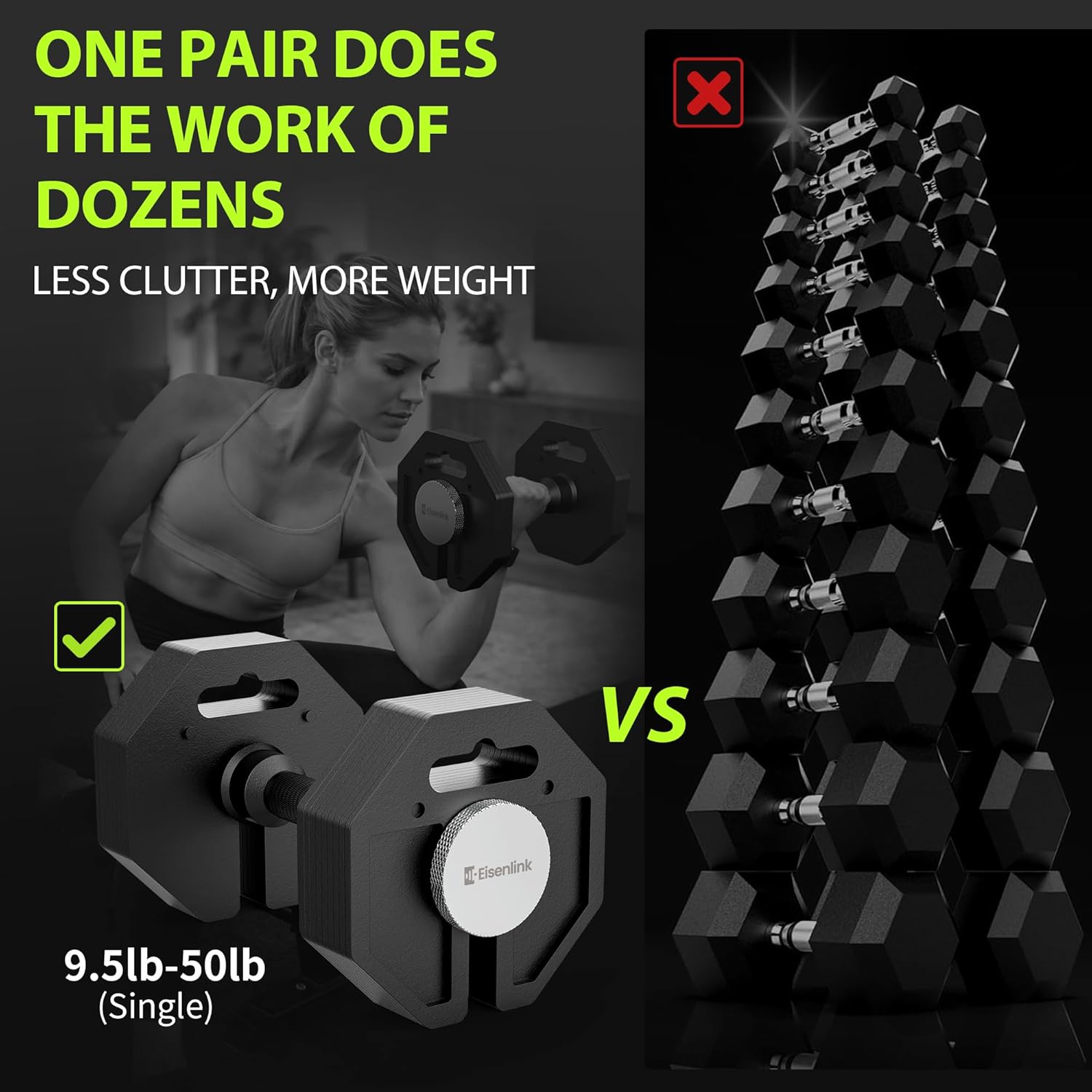 Eisenlink Adjustable Dumbbell Set, 9.5-50/80lb, 2.5lb Increments, Quick-Lock Octagonal Weight Dumbbells for Home Gym Fitness (50/80lb×2)