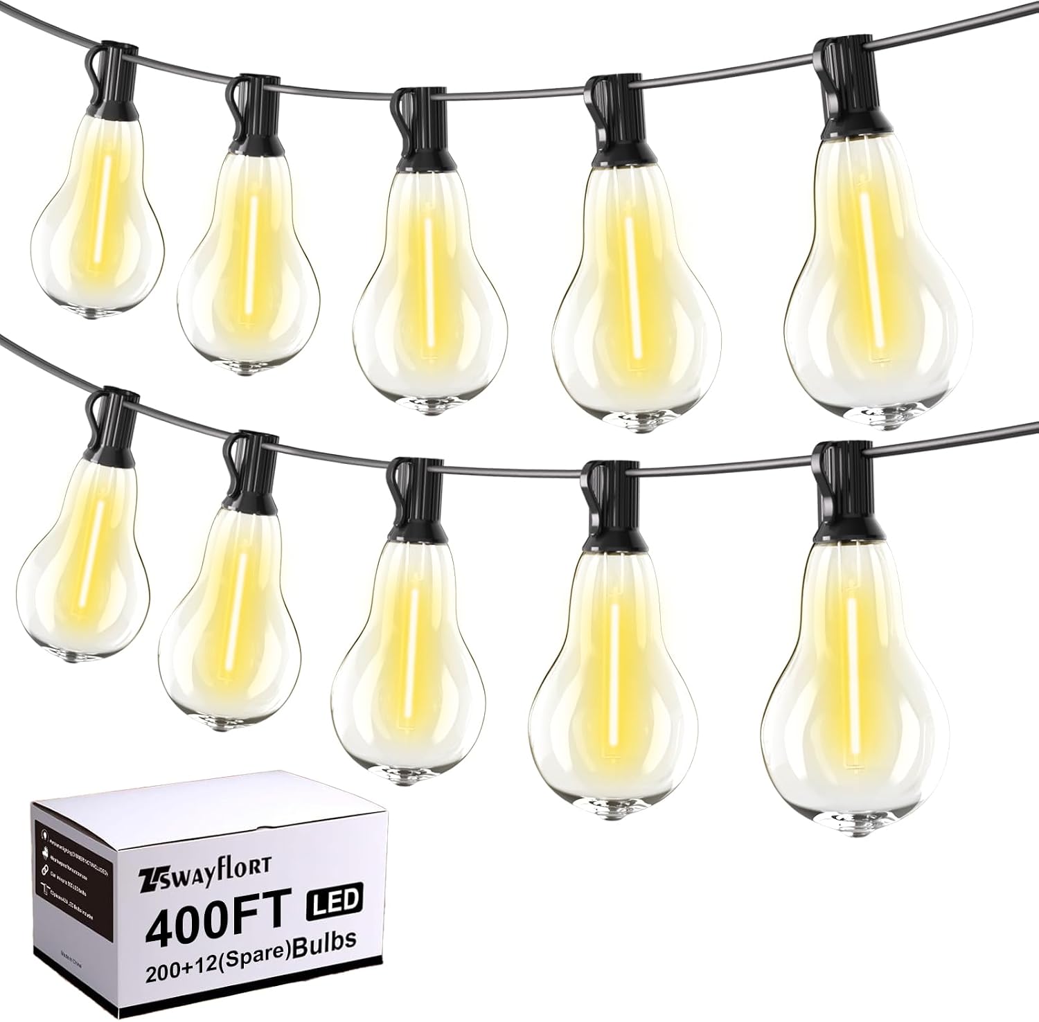 Outdoor String Lights 400FT(4x100) Patio Lights with 212 (12 Spare) Shatterproof Bulbs, String Lights for outside Waterproof hanging for Party,Wedding,Yard, Porch, Bistro, 2200K, Black cord