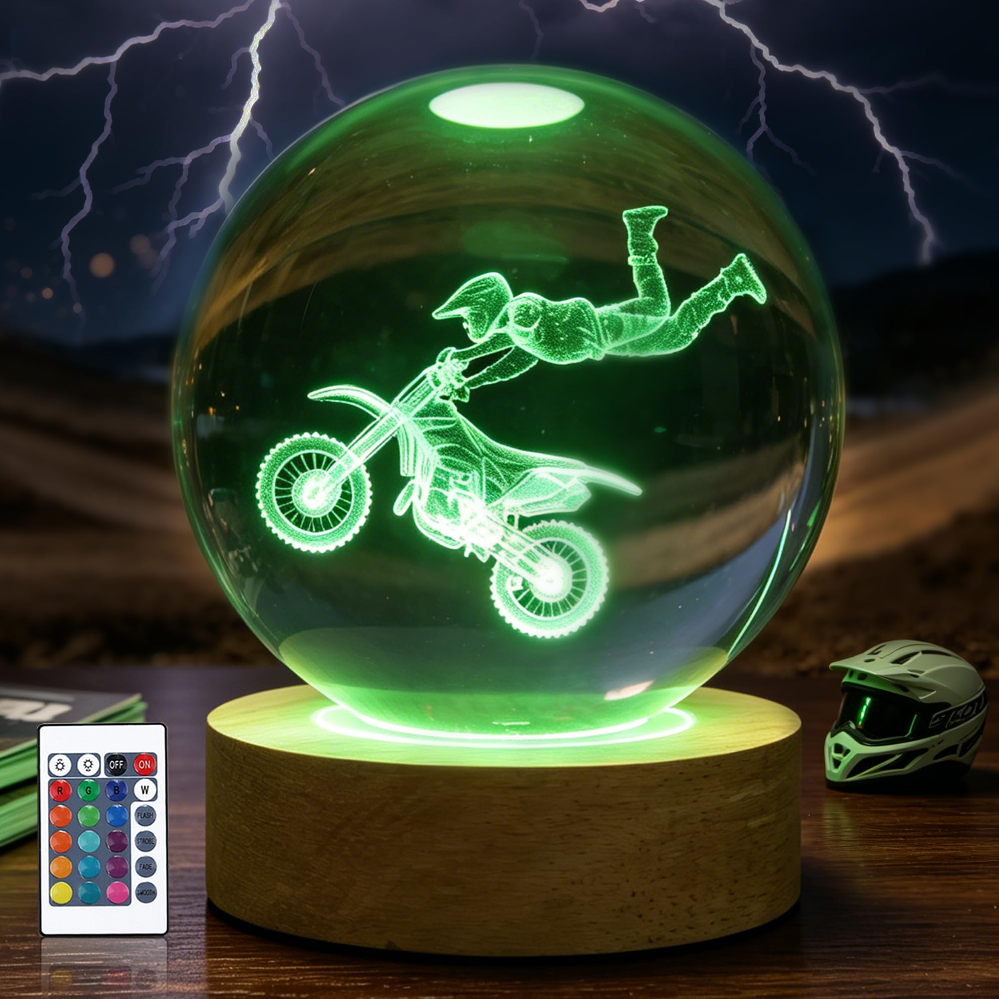 OkiyiD Motorrad Nachtlicht, Motorrad Geschenke für Männer Kinder, Motocross Kristallkugel (80mm) Lampe with 16 Farben,Dirtbike-Deko für Jungen, Fahrer zum Geburtstag, Weihnachten