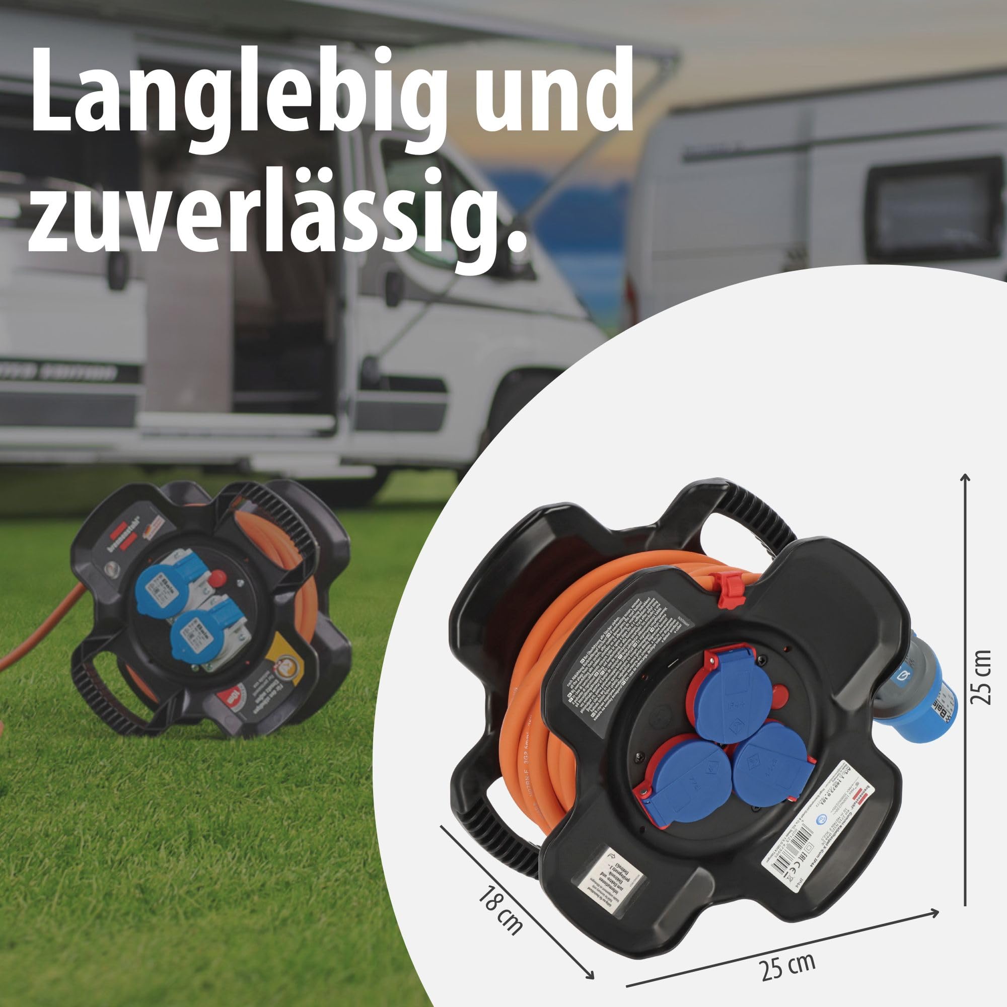 Brennenstuhl CEE 230V Camping Kabeltrommel X-Gum (10m H07RN-F 3G2,5 Kabel in orange, Kabeltrommel mit 2 CEE- und 3 Schutzkontakt-Steckdosen, ständiger Einsatz außen IP44, Made in Germany)