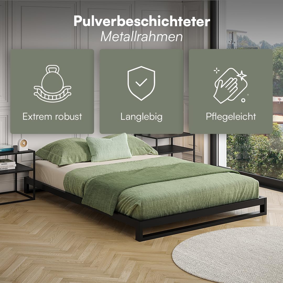 skølm Vidar Metallbett 140x200 cm – Bett aus Metall mit Lattenrost – stabiles Metall Bettgestell Schwarz – Bettrahmen geeignet als Doppelbett – Doppelbettgestell 15 cm hoch – Gästebett