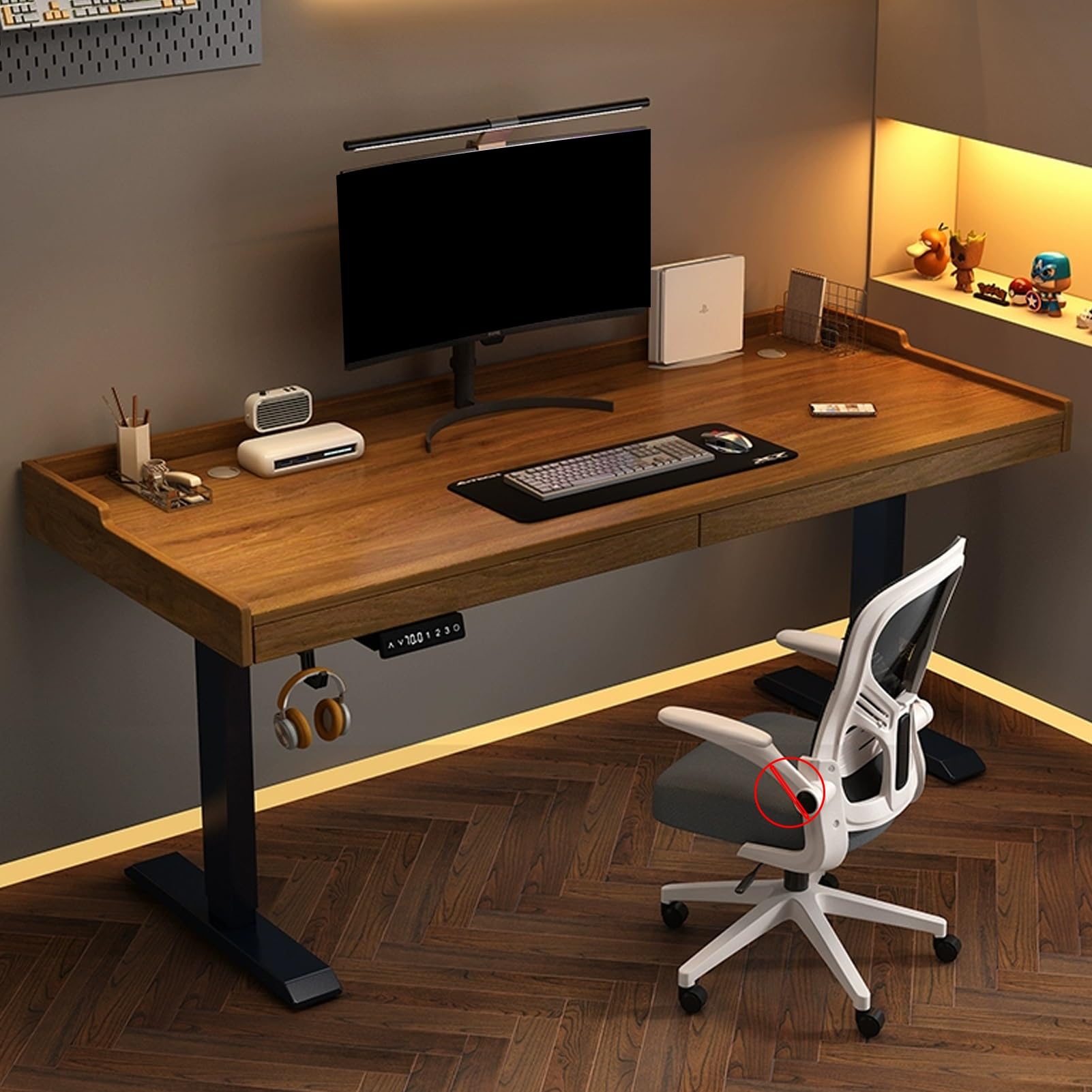 JKGHK Standing Desk Brown Adjustable Height Computer Desk with Two Hidden Storage Drawers Stand Up Desk with Three-Speed