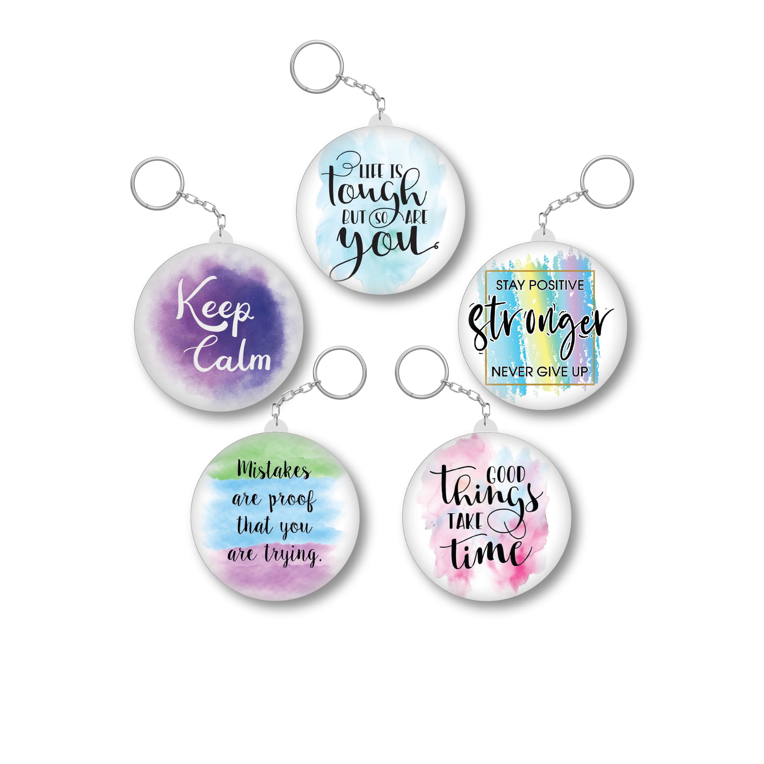 Motivational Quote Printed Keychain Set of 5 | 58mm Round Keyring Combo with Watercolor Design | Inspirational Keychain Gift for Men Women Friends Bags Car Bike Keys-image-33