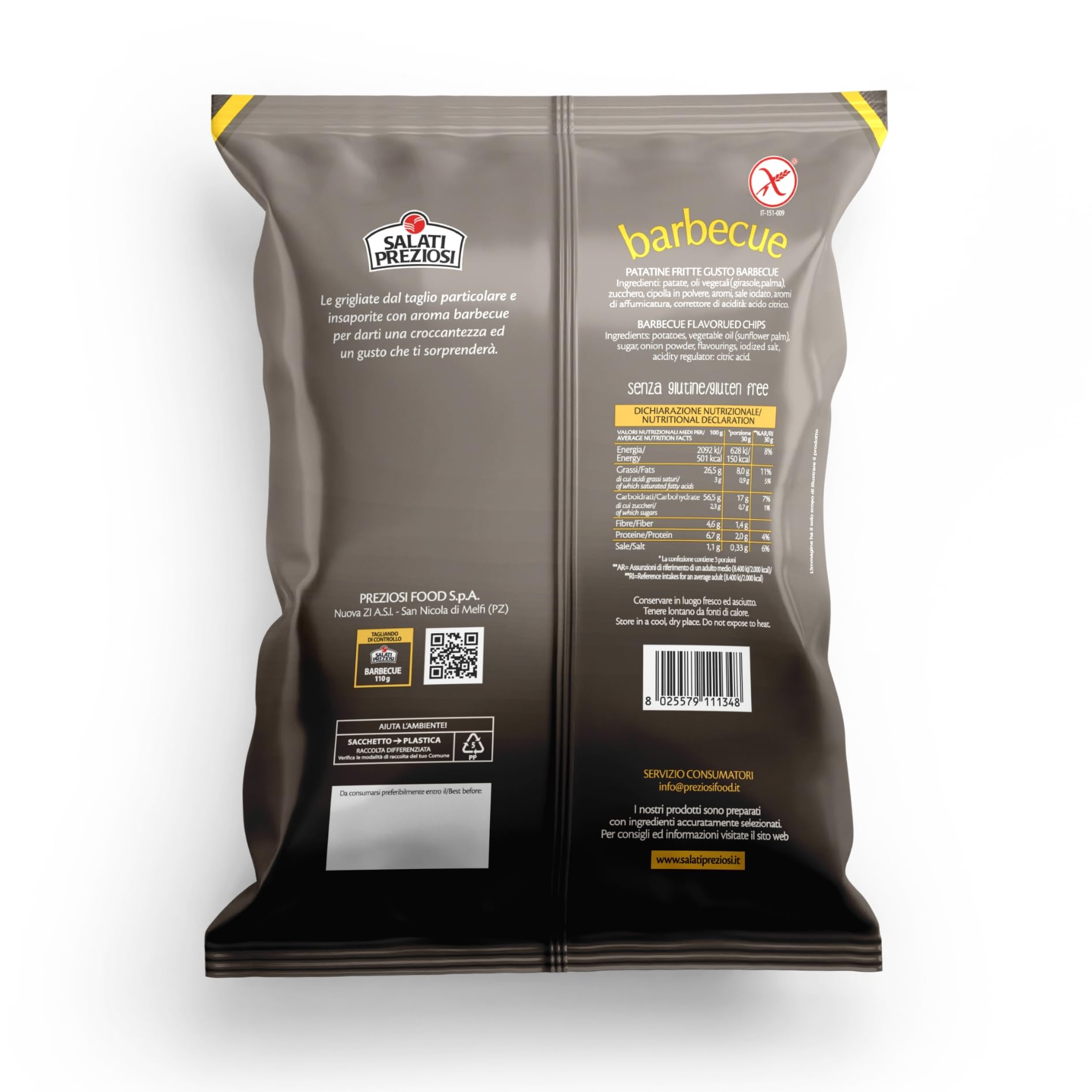 Salati Preziosi | Patatine Barbecue, con sale iodato, snack senza glutine, preparate con olio di semi di girasole, 20 pezzi x 110g