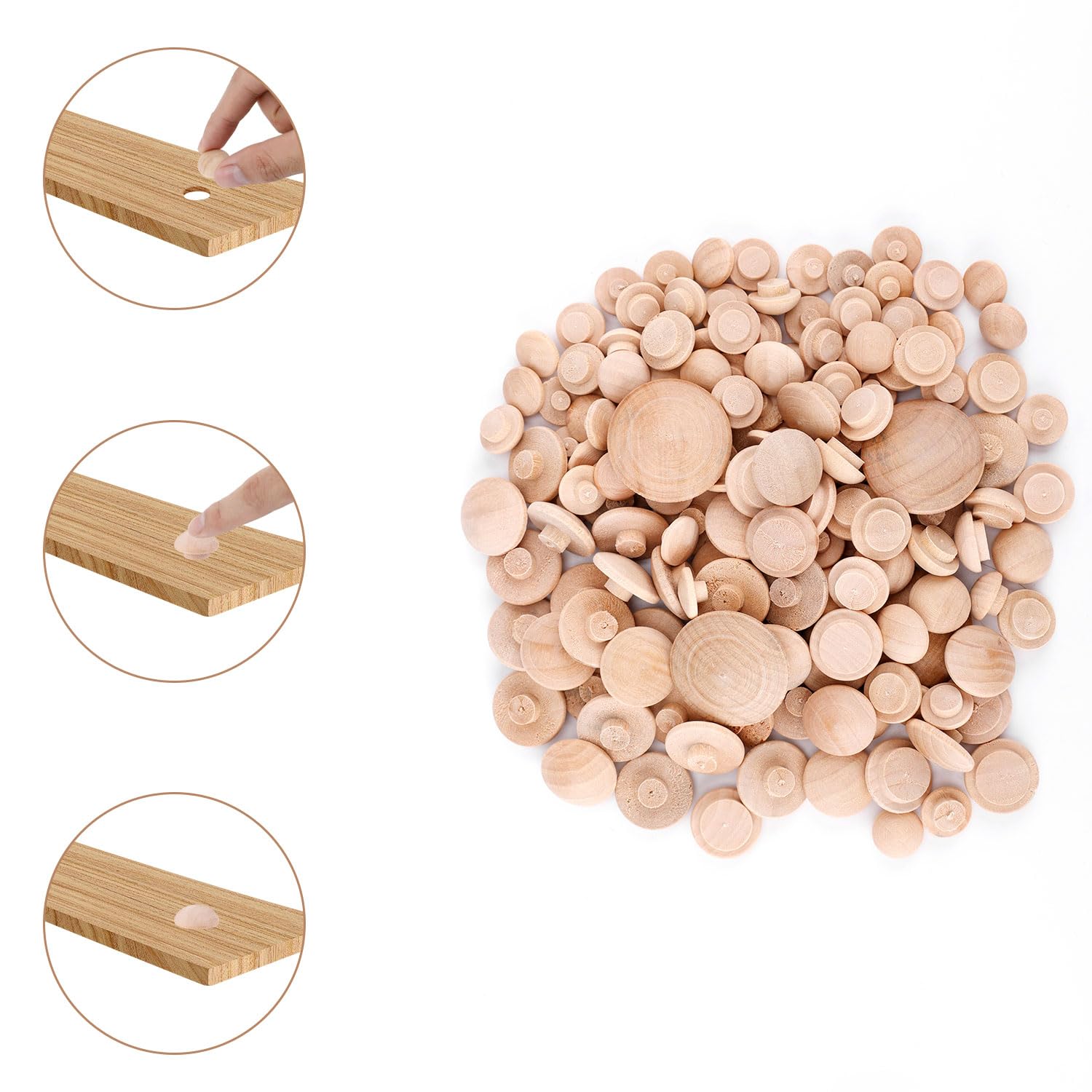 Keadic 140Pcs Wooden Hole Plugs - 4 Sizes Button Plugs For Furniture Screw Holes