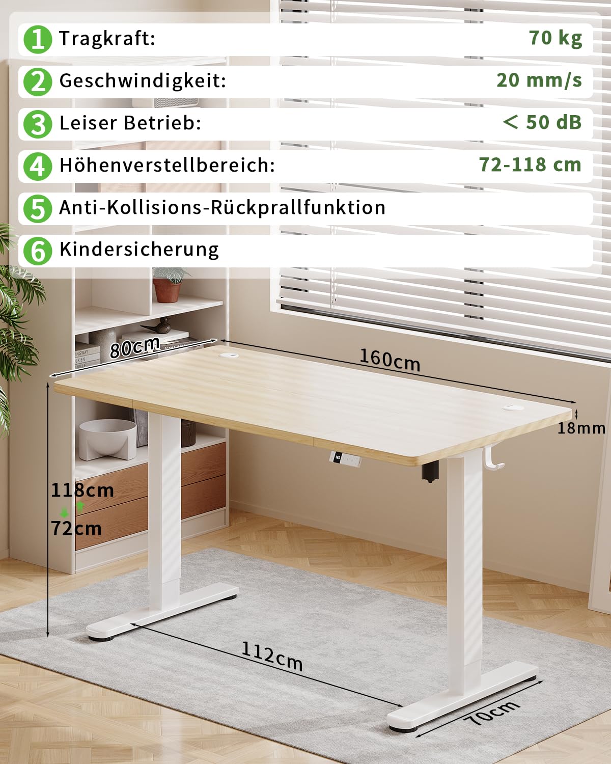 Airfish Höhenverstellbarer Schreibtisch 160x80cm mit USB-C,Eiche | Schreibtisch Höhenverstellbar Elektrisch mit Kabelmanagement, Steh-Sitz Tisch, Bürotisch Computertisch für Home Office & PC