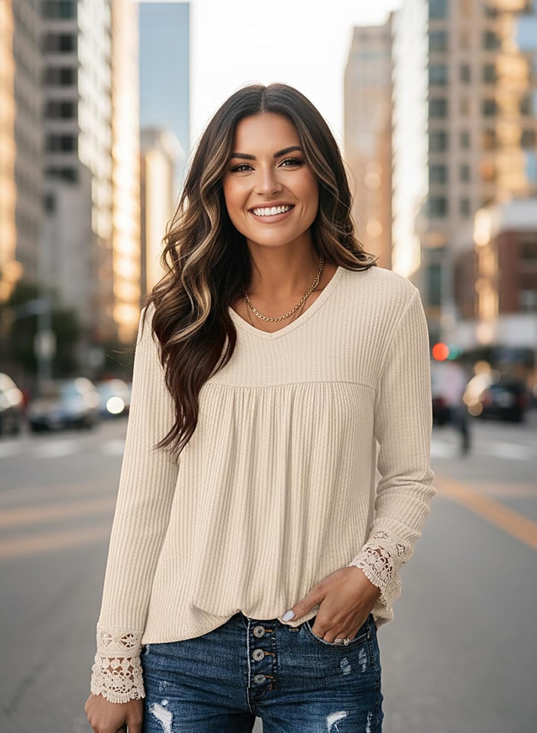 Dokotoo Women's Tops Casual V Neck Long Sleeve Waffle Knit Textured Lace Hollow Out Shirts Loose Tunic Tops Blouses - Image 4