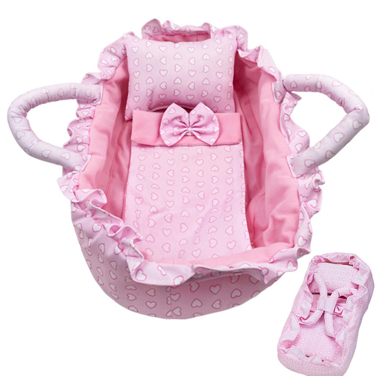 Doll Bassinet Carrier, Pink Cradle with Pillow and Carry Handles, Portable Sleeping Bed for Dolls Under 34.8cm, for Girls and Boys