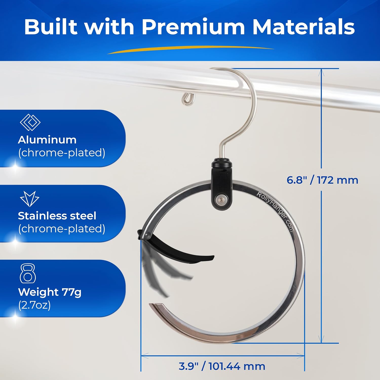 Rolly Hanger® Premium Closet Organizer, Rotating Aluminum Ring Hanger with 360° Swivel Hook, Space Saving Accessory Holder for Belts, Ties, Hats, Scarves, Purses & Handbags | Closet Organizer (1 Pack)
