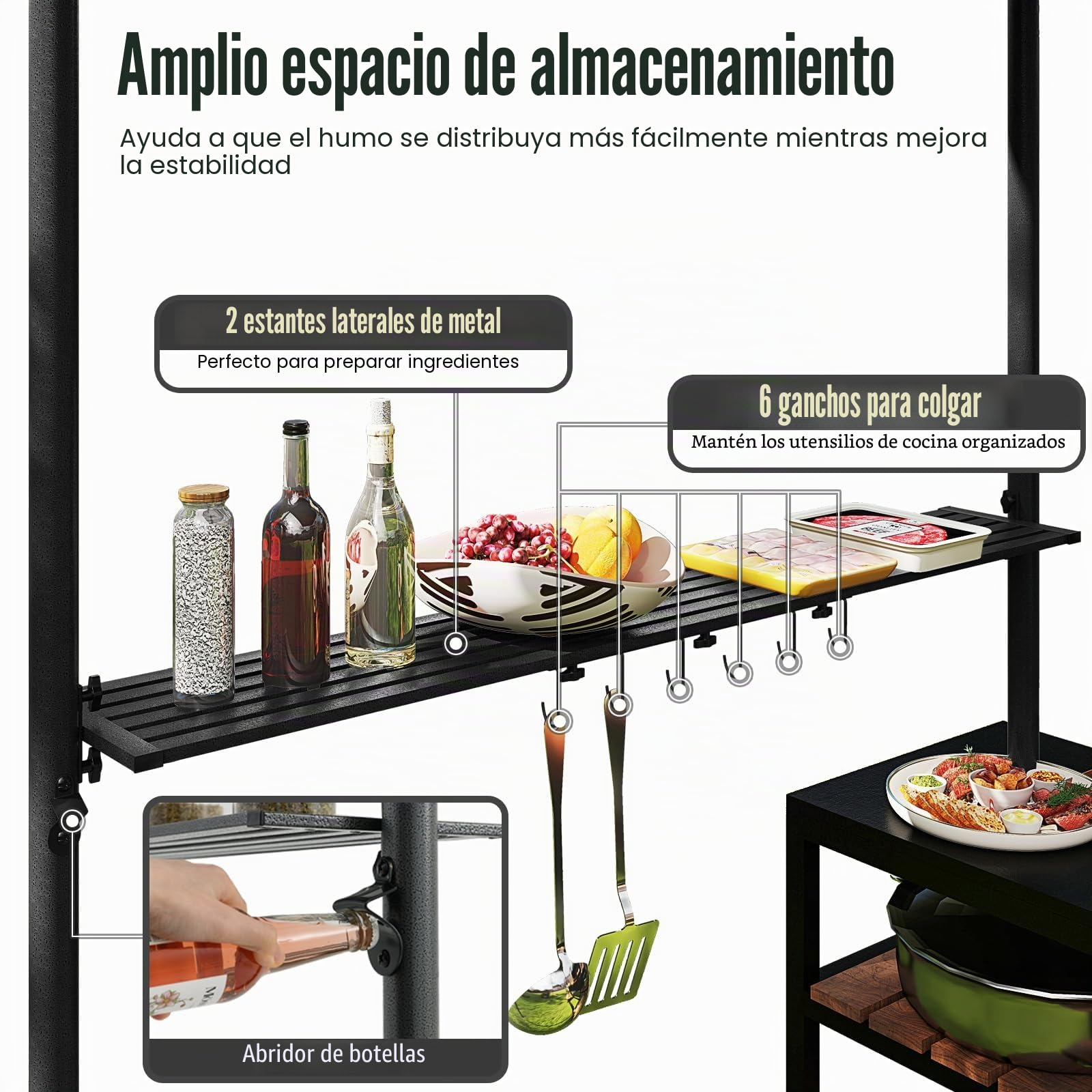 HOMASIS Cenador para Barbacoa con Techo Lateral, Pérgola de Jardín con Doble Techo, 2 Mesas y Ganchos, Carpa Cargada Exterior, Toldo Pergola para Parrilla (Gris + Negro, 242x150x250cm)