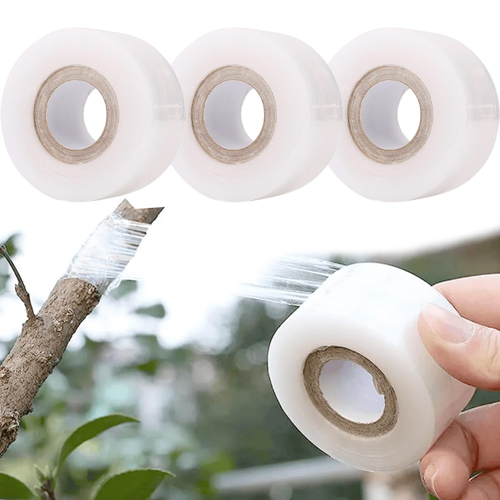 3 Rollos de Cinta de Injerto de Transparente Estirable, Autoadhesiva para Jardinería Película de Injerto, Ideal para Injertar Árboles Frutales, Flores y Uso en Viveros, 100 m