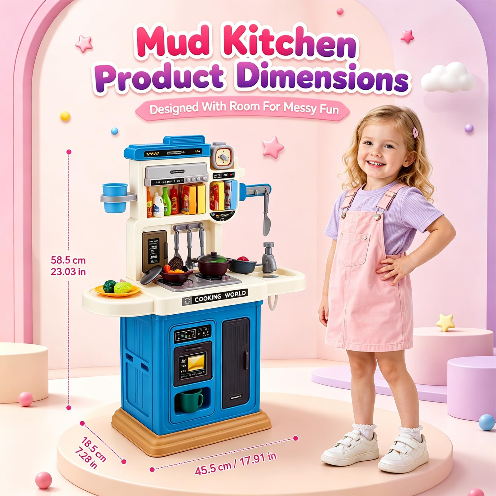 Cuisine Enfant avec 50 Accessoires, Cuisine Jouet avec Lumière, Son & Vapeur, Cuisine Enfant avec Plaque de Cuisson, Évier & Fonction Eau, Cuisine Poupée, Cuisine Jouet pour Enfants dès 3 Ans, Bleu