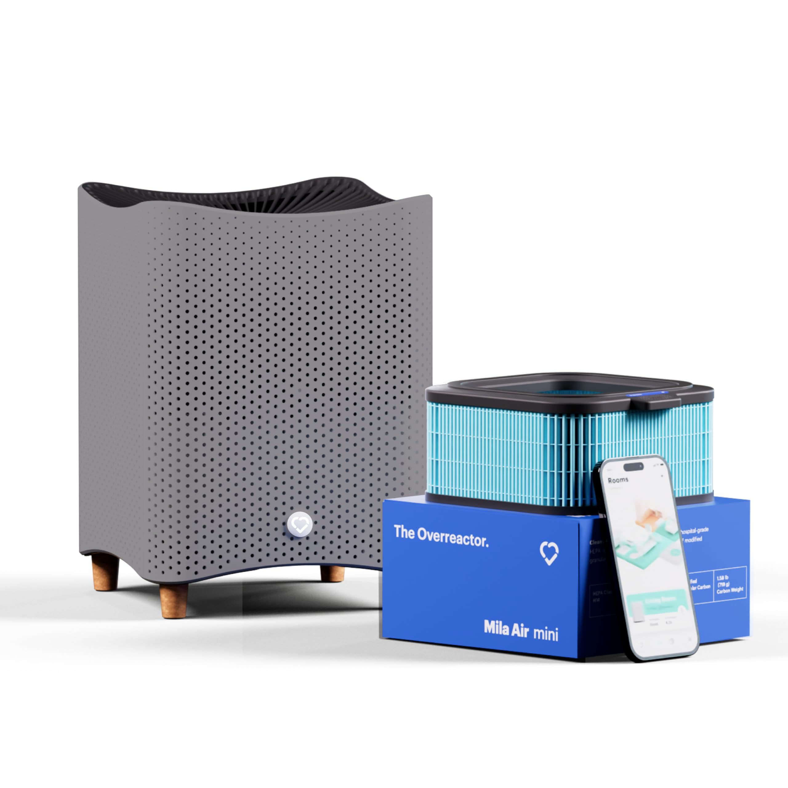 Mila Air Mini Smart Home Air Purifier with Overreactor H14 HEPA Replacement Filter, Removes Formaldehyde, VOCs, Dust & Odors, Ideal for Large Room or Bedroom, Quiet-Mode, Smoky Gray