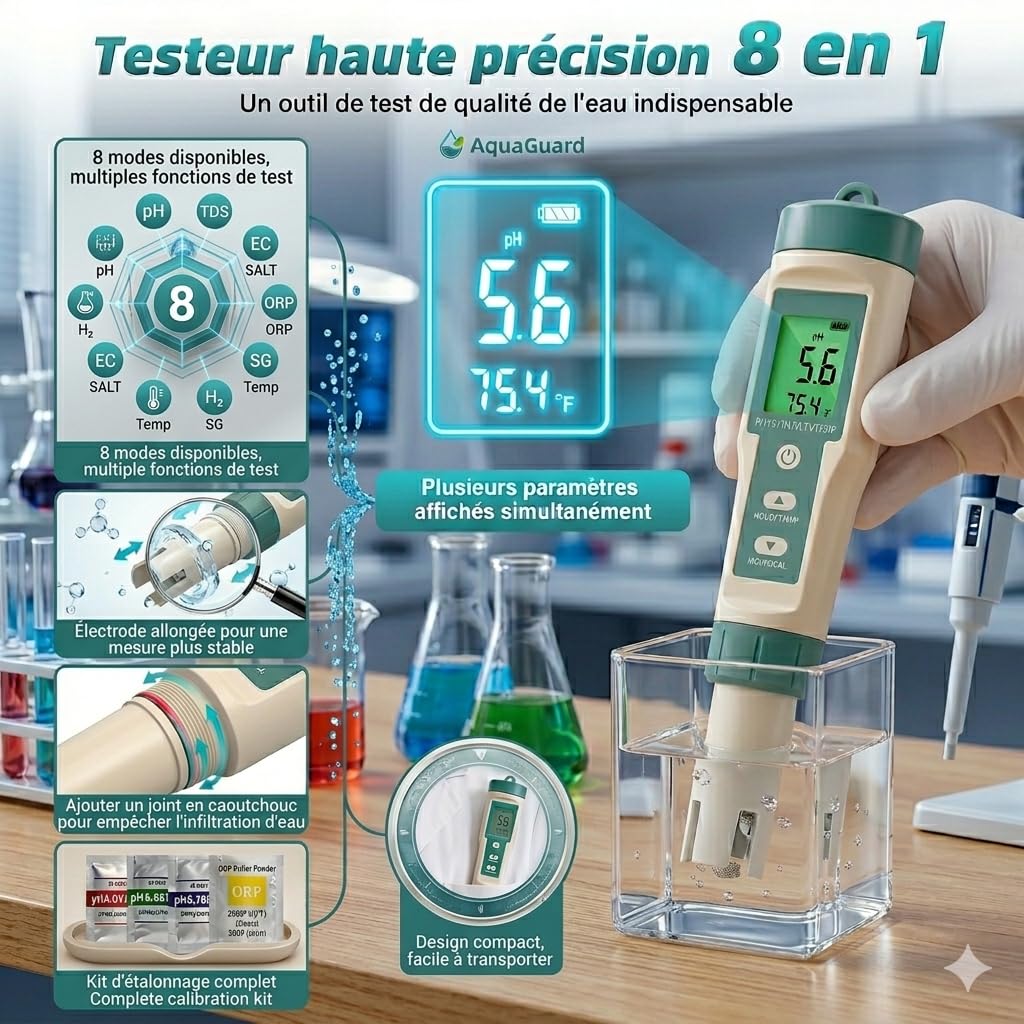 pH Chlore Mètre Piscine 8 EN 1, Tester pH Chlore (FAC) TDS EC Salinité ORP et Température avec ATC, Testeur Qualité Eau étanche IP67, précision élevée pour eau potable, spa, hydroponie