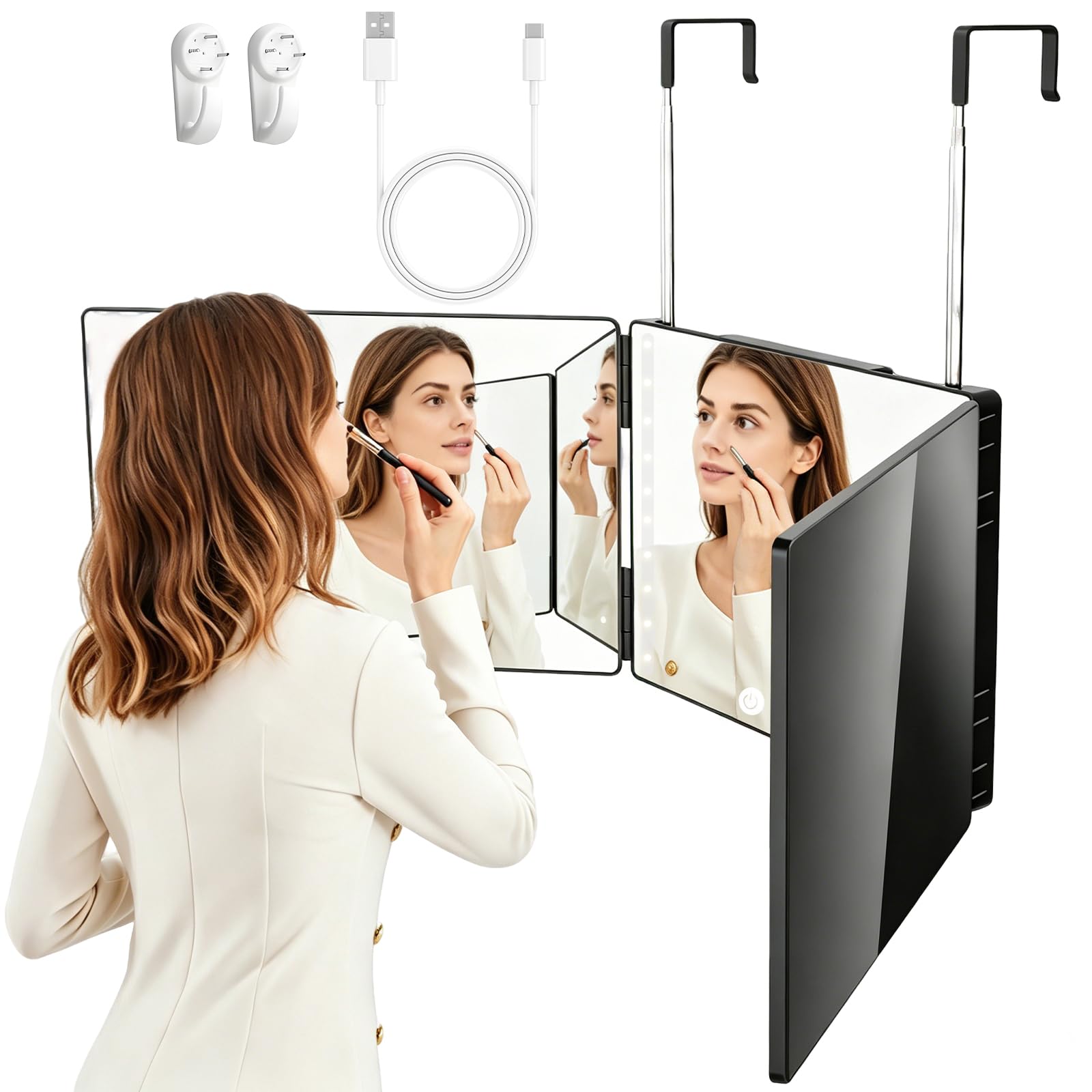 Specchio da Taglio A 360 Gradi, Specchio 360 Gradi Capelli con LED, Specchio Trucco a 3 Vie, Tagliare I Capelli da Soli