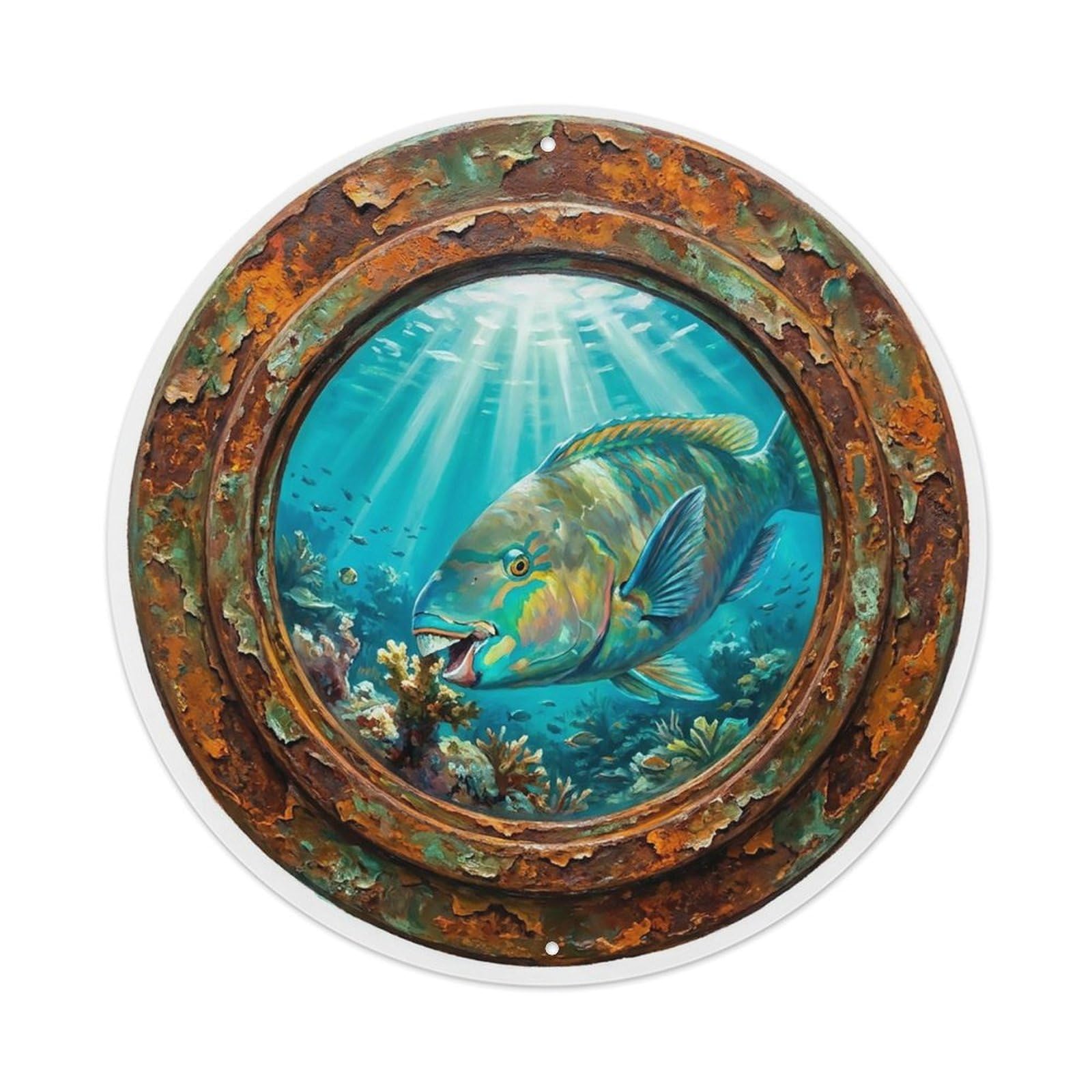 Vintage Porthole Parrotfish Feeding Ship Window Undersea Deep Sea Metal Tin Sign