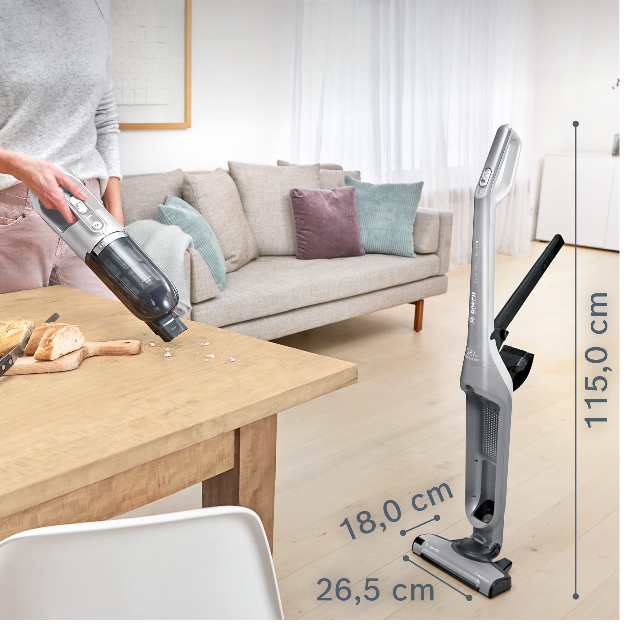 Bosch Akku-Staubsauger Flexxo 2in1 Serie 4 BBH3K2801, kabelloser Handstaubsauger, beutellos, hohe Saugleistung, Lange Laufzeit, Düse mit LED-Beleuchtung, alle Bodenarten, Silber