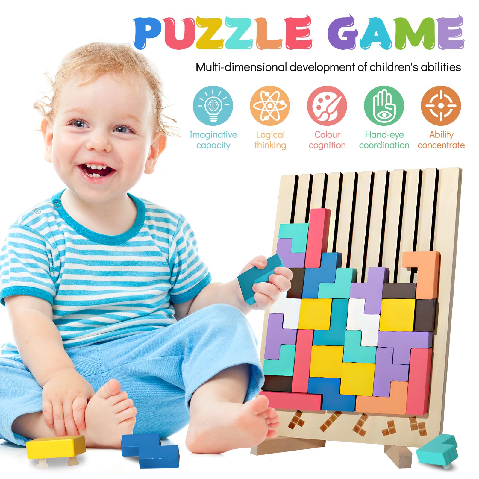 Ensemble de blocs de puzzle en bois, casse-tête, jouet Tangram, intelligence, blocs russes 3D colorés, Montessori dos, 1 ensemble  26