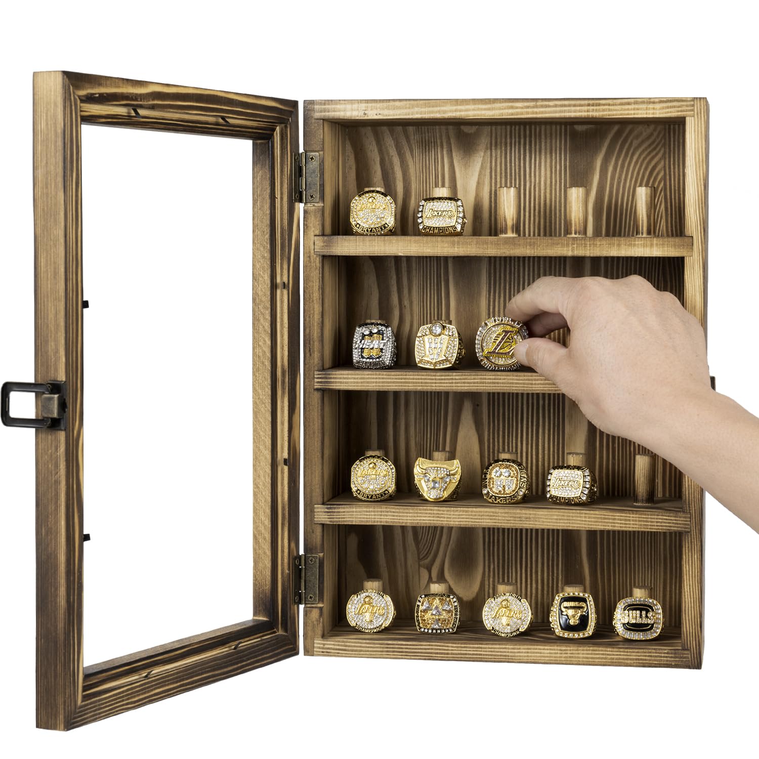 MyGift 20 Ring Display Case, Wall Mounted Rustic Burnt Solid Wood Shadow Box Holder for Sports Championship Rings with Metal Clasp and Acrylic Window Panel