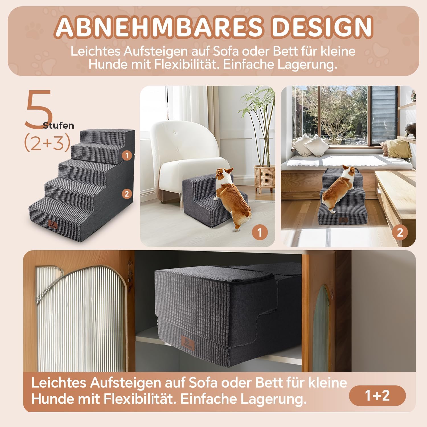 Sytopia Escalera para perros grandes, 5 peldaños de altura, para cama de 60 cm, lavable, espuma de alta densidad, para perros mayores heridos (57 cm de altura, gris)