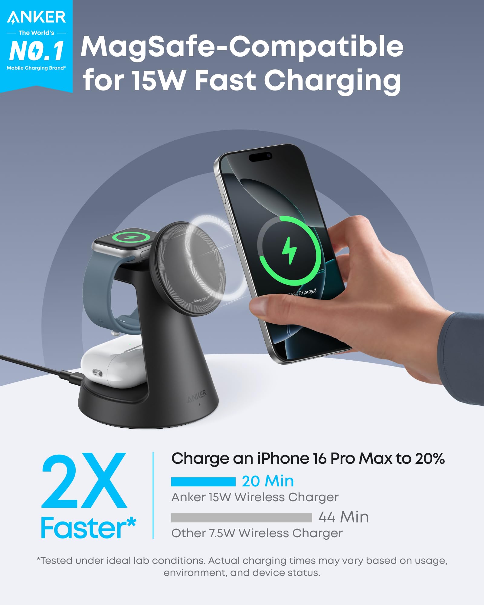 Anker MagGo Cargador Inalámbrico iPhone 3 en 1 con MagSafe 15W(Soporte de Carga), Cargador Magnético con Certificación Qi2, para iPhone 17/16/15 Air, Apple Watch, AirPods Pro y más(Adaptador Incluido)